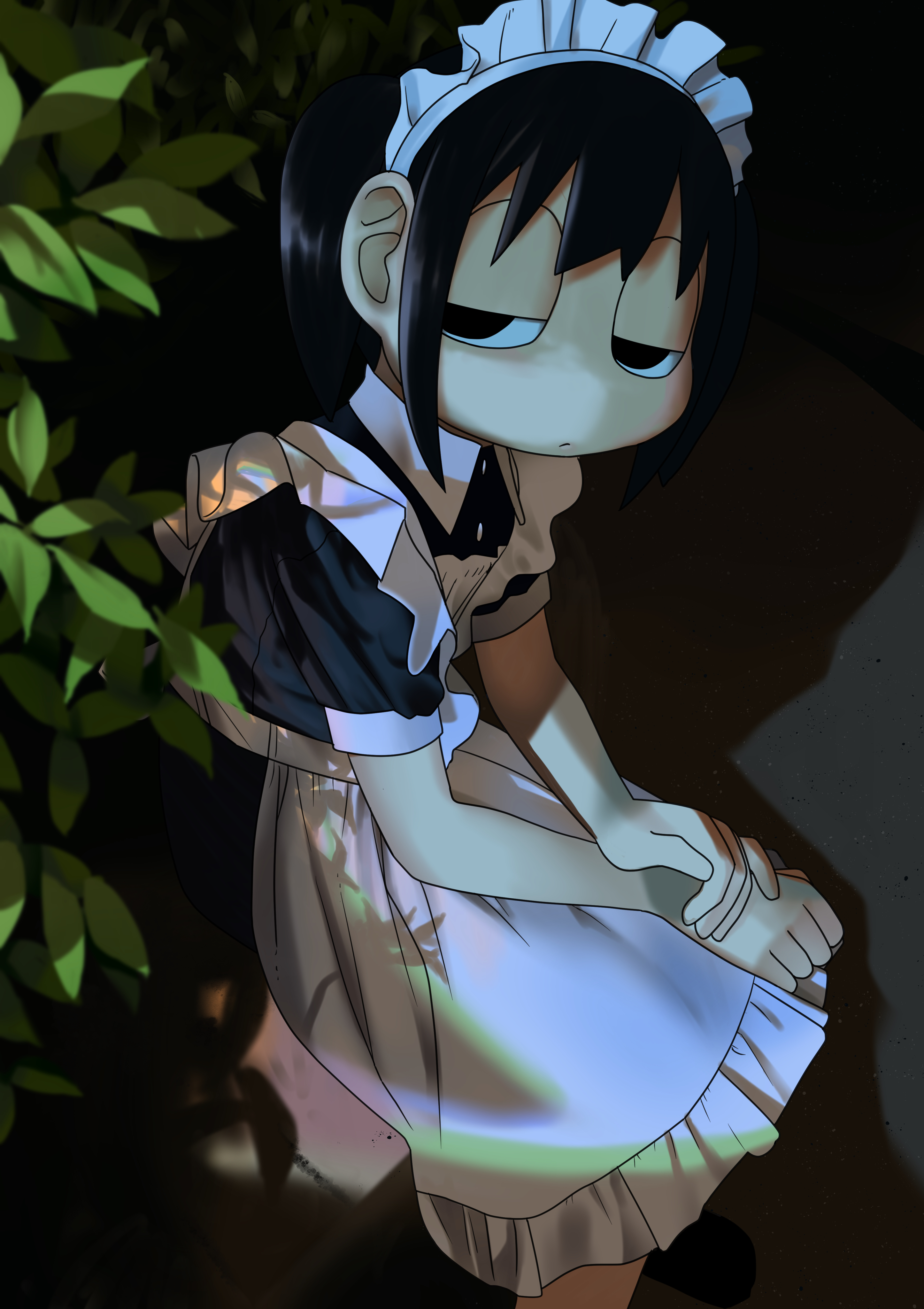 explosion psycho, haguruma hasami (explosion psycho), original, absurdres, highres, 1girl, apron, black dress, black eyes, black hair, closed mouth, dress, half-closed eyes, maid, maid apron, maid headdress, plant, sitting, solo, white apron