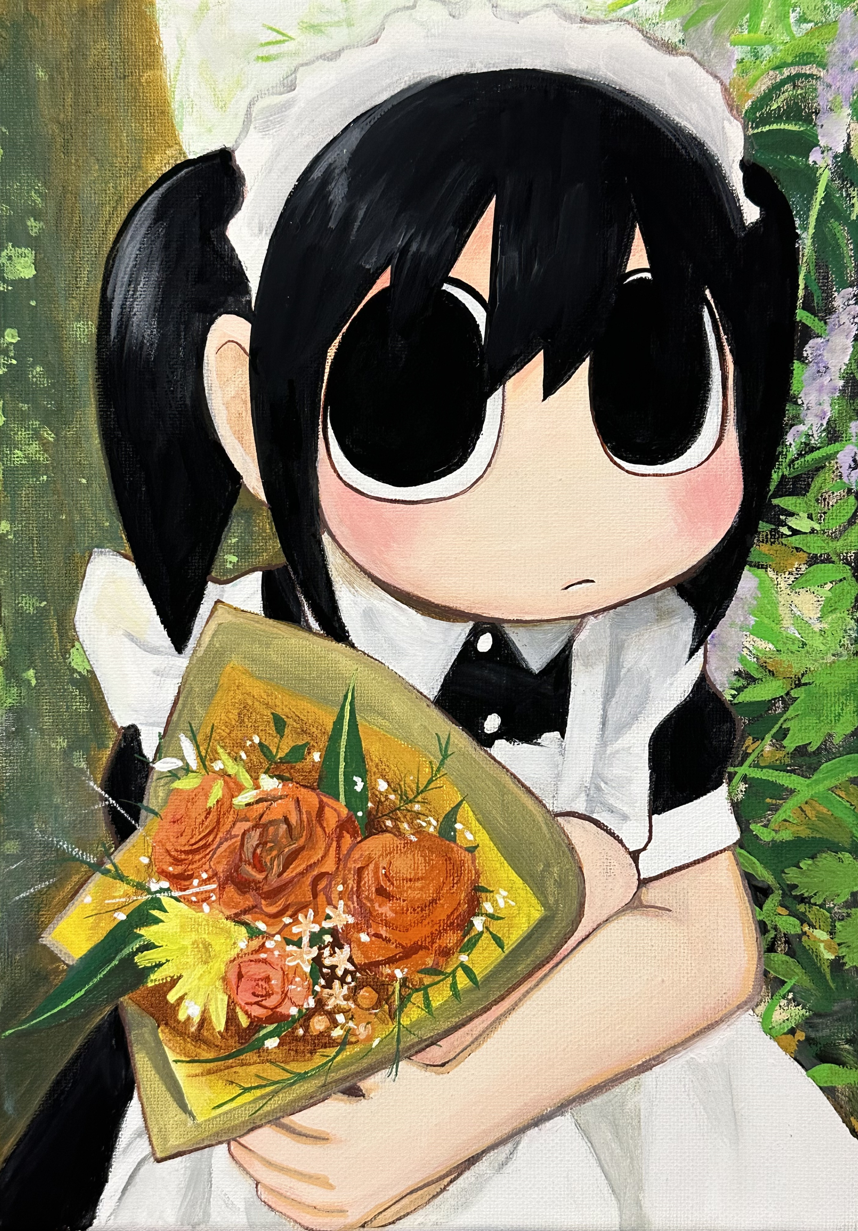 explosion psycho, haguruma hasami (explosion psycho), original, absurdres, acrylic paint (medium), highres, painting (medium), traditional media, 1girl, apron, black dress, black eyes, black hair, bouquet, closed mouth, dress, flower, holding, holding bouquet, looking at viewer, maid, maid apron, maid headdress, orange flower, orange rose, rose, solo, twintails, white apron