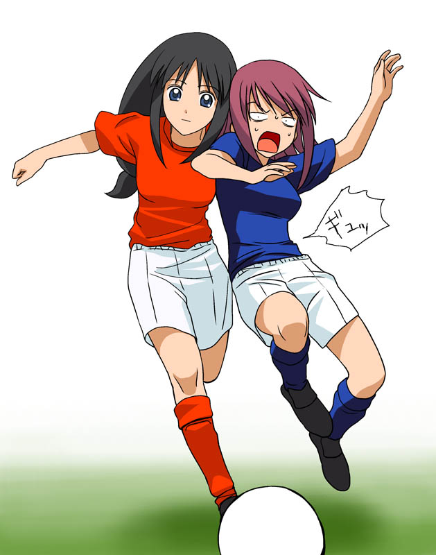a1 (initial-g), may wong, naegino sora, kaleido star, 00s, 2girls, ball, black hair, constricted pupils, kneehighs, multiple girls, playing sports, purple hair, running, shorts, soccer, soccer ball, socks