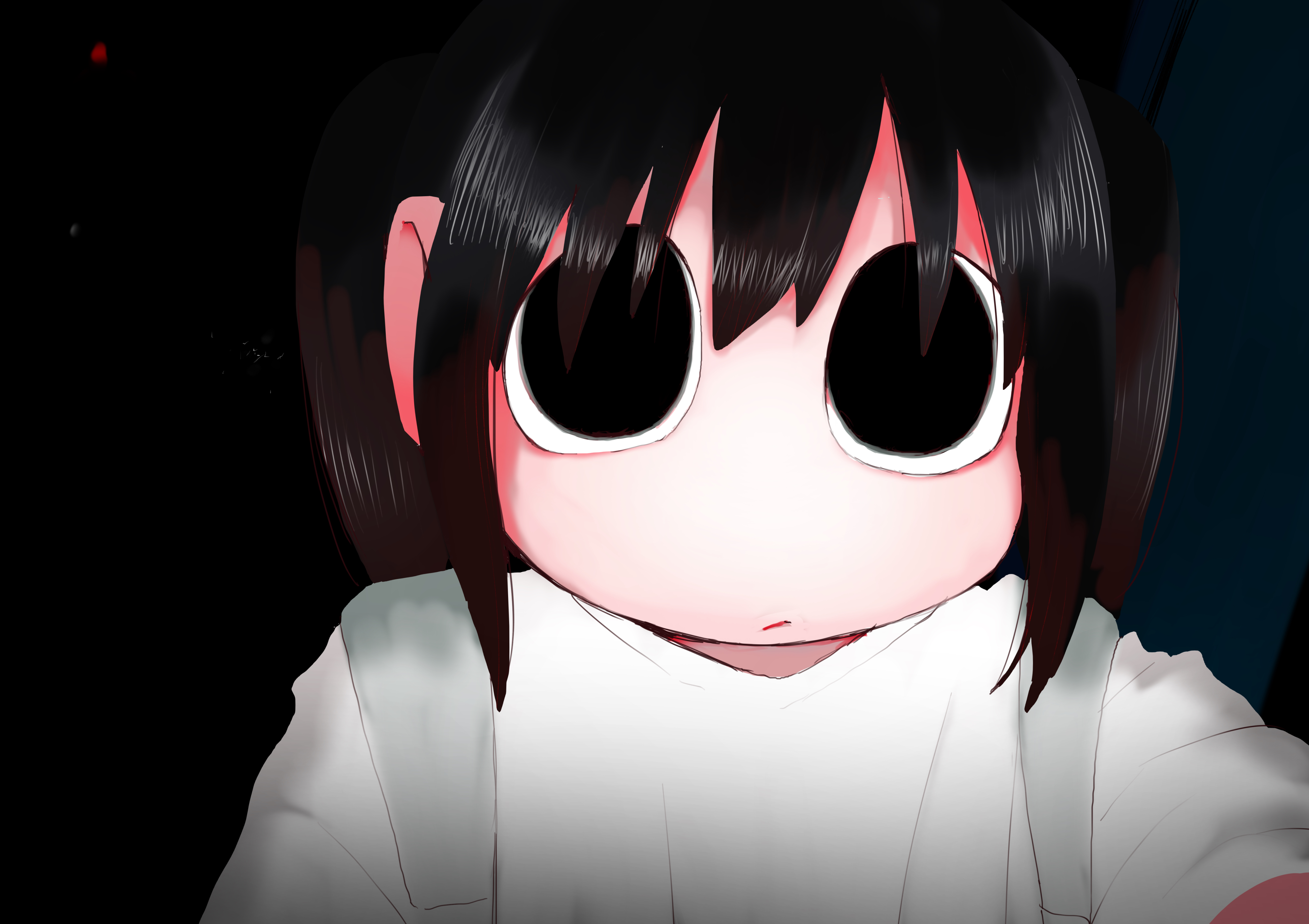 explosion psycho, haguruma hasami (explosion psycho), original, absurdres, highres, 1girl, black background, black eyes, black hair, closed mouth, looking at viewer, shirt, solo, twintails, white shirt