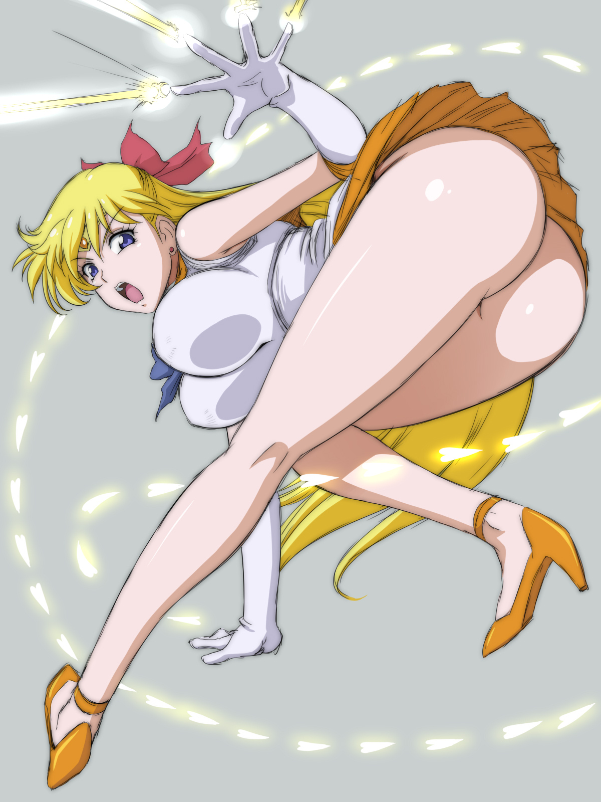 lento (glamour works), aino minako, sailor venus, bishoujo senshi sailor moon, highres, 1girl, ass, blonde hair, blue bow, blue bowtie, blue eyes, bow, bowtie, breasts, choker, earrings, elbow gloves, gloves, hair bow, high heels, jewelry, large breasts, long hair, miniskirt, orange choker, orange sailor collar, orange shoes, orange skirt, pleated skirt, red bow, sailor collar, sailor senshi uniform, shoes, skin tight, skirt, thick thighs, thighs, venus love me chain, white gloves