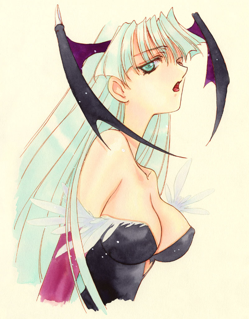 nanase aoi, morrigan aensland, capcom, darkstalkers, 1990s (style), 1girl, breasts, cleavage, demon girl, female focus, head wings, long hair, retro artstyle, solo, wings