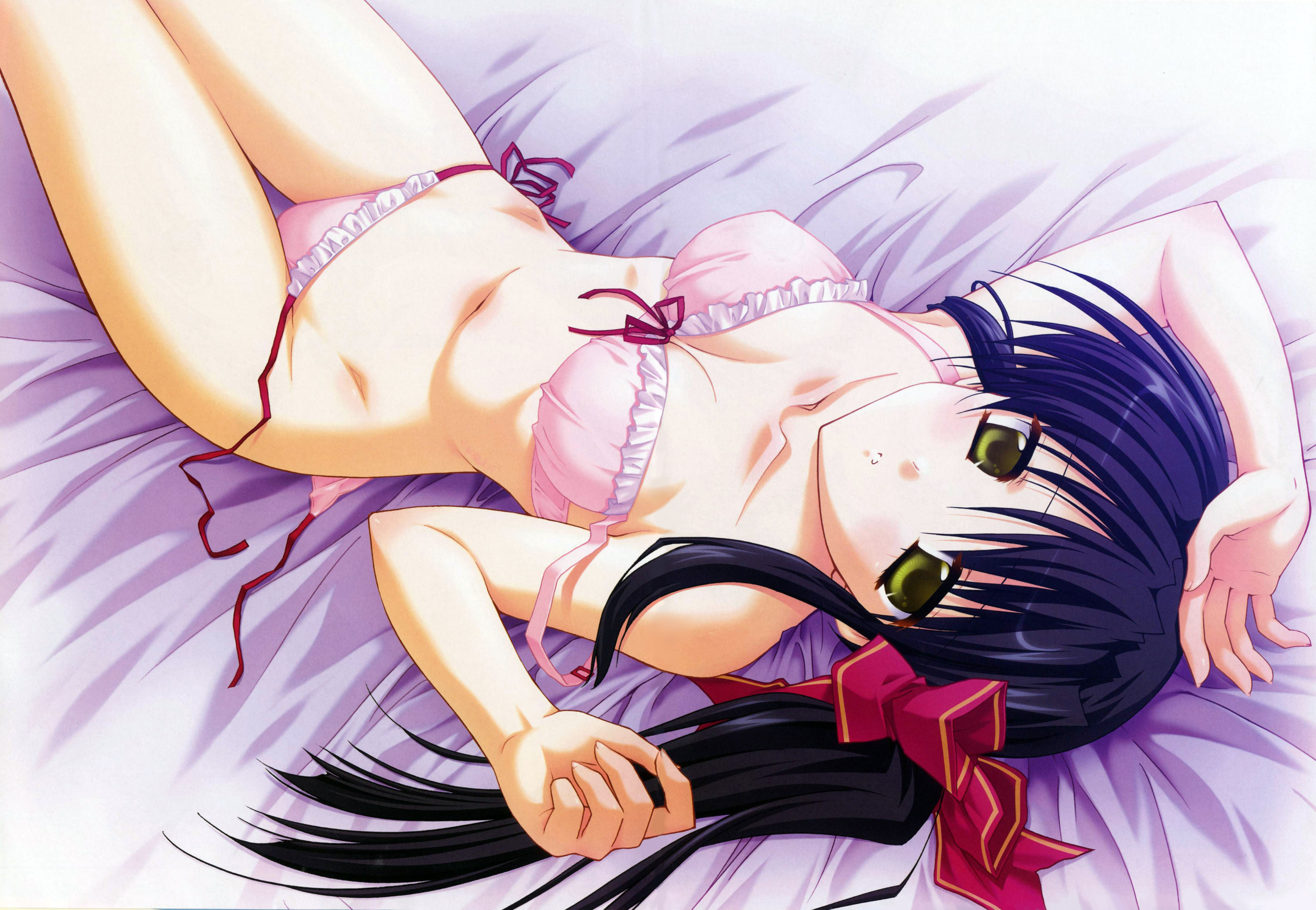 asaba yuu, yuzuki saki, aster (game), absurdres, highres, non-web source, scan, 1girl, bed, bed sheet, black hair, bra, female focus, green eyes, hair ribbon, lingerie, long hair, lying, panties, ribbon, side-tie panties, solo, underwear, underwear only