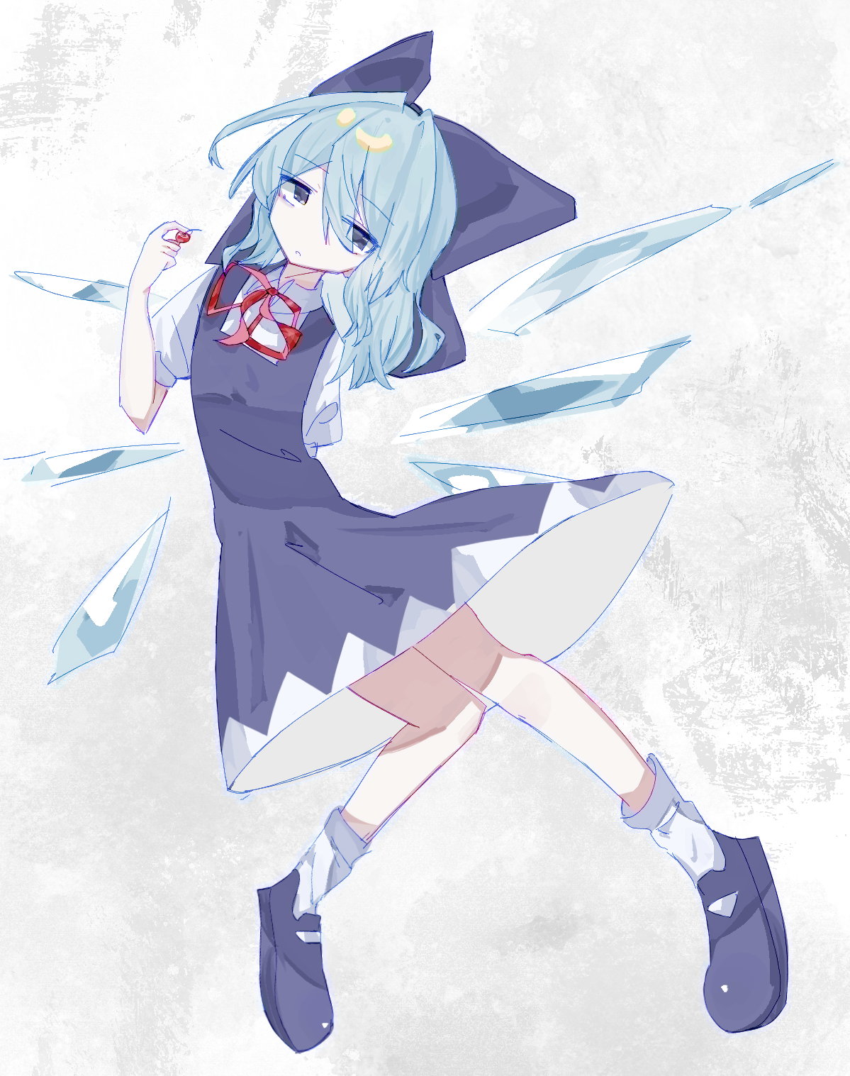 cirno, touhou, highres, 1girl, arm behind back, blue bow, blue dress, blue eyes, blue hair, blue shoes, bow, cherry, collared shirt, dress, expressionless, food, fruit, hair bow, hand up, holding, holding food, holding fruit, ice, ice wings, long sleeves, medium hair, neck ribbon, parted lips, red ribbon, ribbon, shirt, shoes, short sleeves, sleeveless, sleeveless dress, socks, solo, user jcyz3482, white shirt, white socks, wings