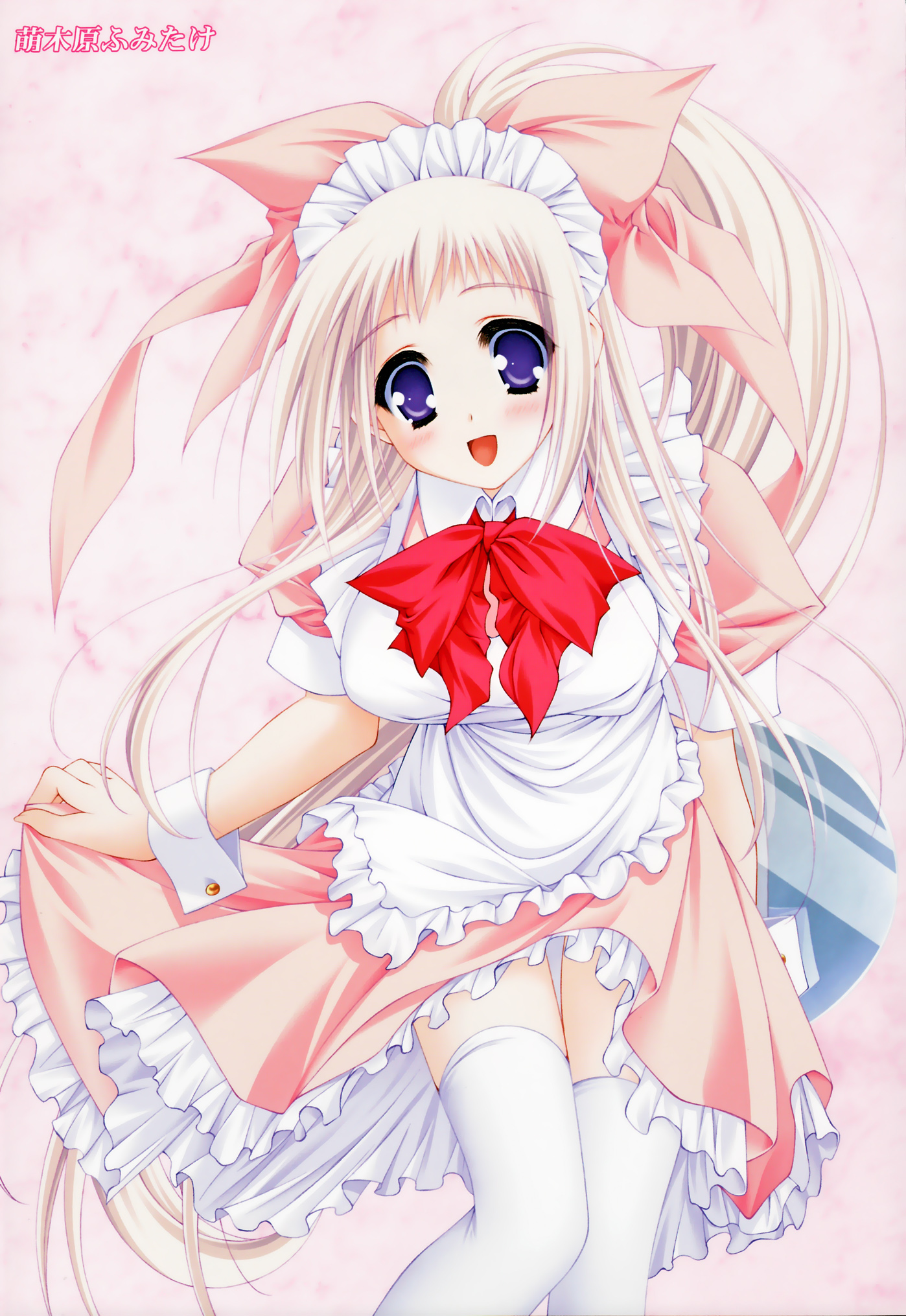 moekibara fumitake, asuku san, itsuka todoku ano sora ni, lump of sugar, highres, non-web source, 1girl, apron, blonde hair, blue eyes, blush, bonnet, breasts, clothes lift, dress, dress lift, female focus, frills, gathers, hair ribbon, large breasts, long hair, ponytail, purple eyes, purple hair, ribbon, skirt, skirt lift, solo, thigh gap, thighhighs, thighs, very long hair, waitress, white hair, white thighhighs, wrist cuffs, zettai ryouiki