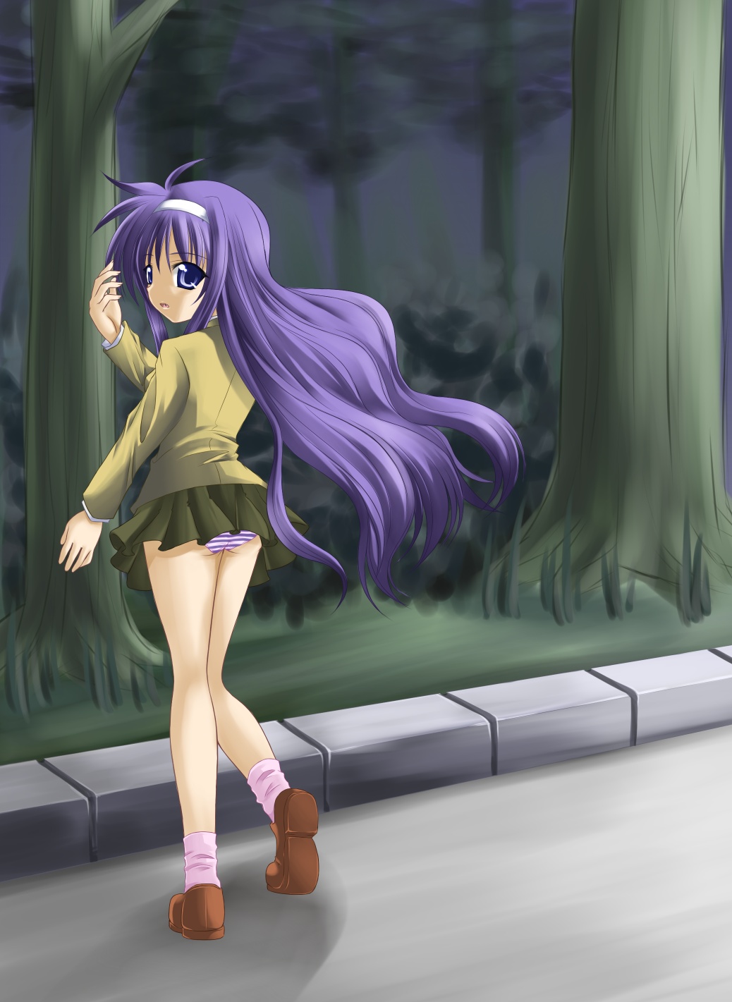 tadokoro teppei, tsukimura suzuka, lyrical nanoha, mahou shoujo lyrical nanoha, highres, 00s, panties, pantyshot, solo, striped clothes, striped panties, underwear