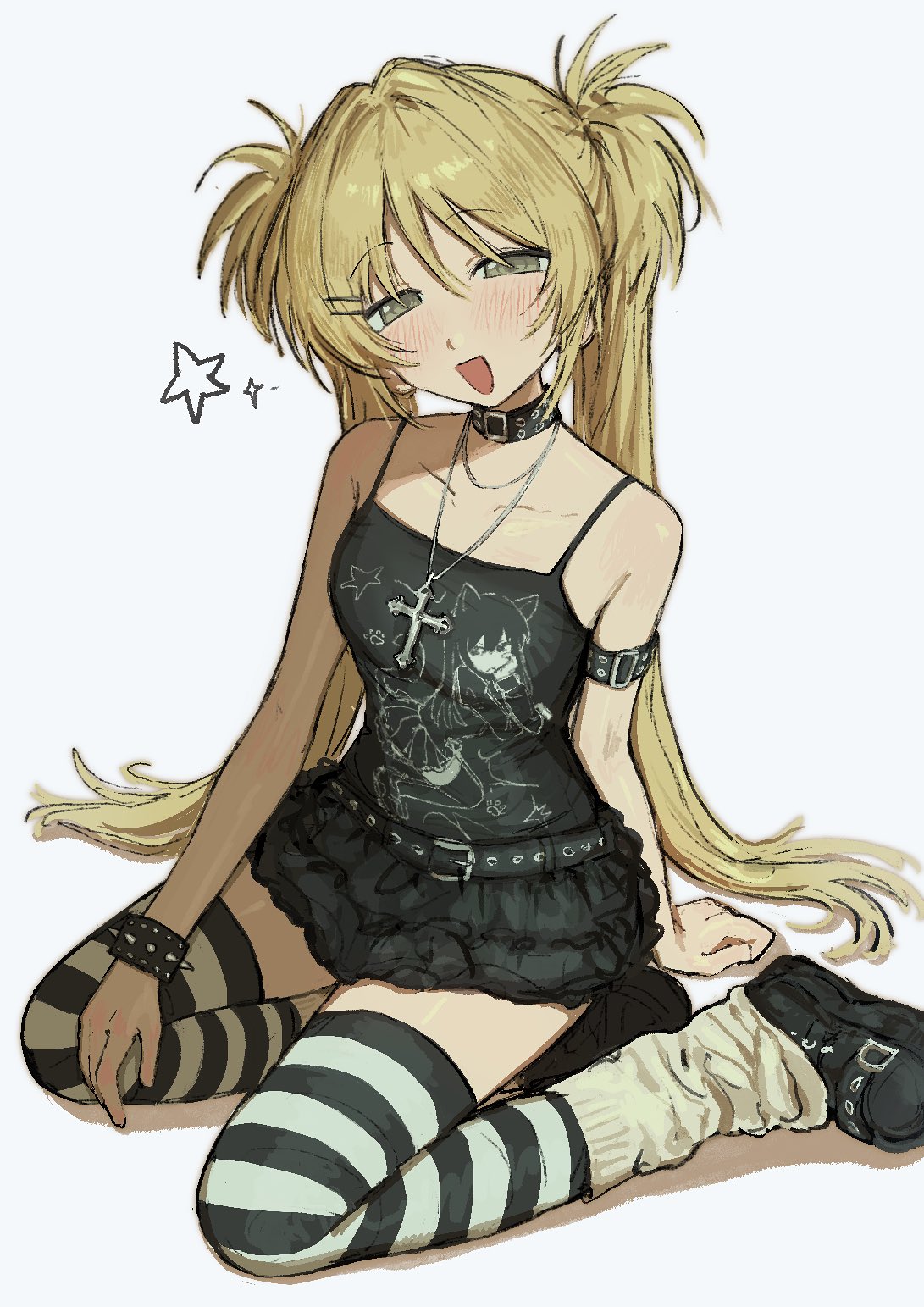 tokiwa (rqawxl), original, highres, 1girl, :d, arm belt, bare shoulders, belt, black belt, black collar, black shoes, black skirt, blonde hair, blush, bracelet, collar, collarbone, cross, cross necklace, frilled skirt, frills, hair ornament, hairclip, half-closed eyes, jewelry, leg warmers, long hair, looking at viewer, necklace, open mouth, platform shoes, print shirt, shirt, shoes, simple background, single bracelet, sitting, skirt, smile, solo, spaghetti strap, spiked bracelet, spikes, star (symbol), striped clothes, striped thighhighs, thighhighs, twintails, two-tone thighhighs, white background, white leg warmers, yellow eyes, yokozuwari