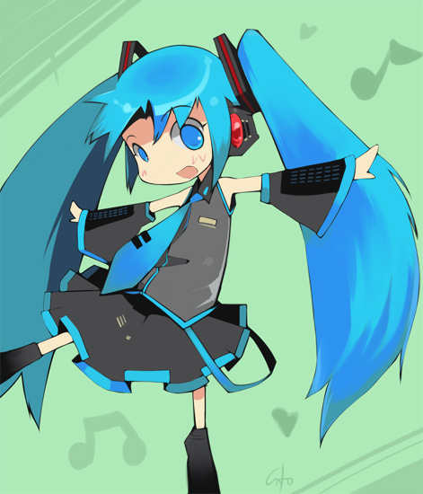 inemuri uno, hatsune miku, vocaloid, 1girl, :d, beamed quavers, belt, black skirt, blue hair, blush, boots, collared shirt, detached sleeves, female focus, green background, grey shirt, hair ornament, headphones, long hair, looking at viewer, musical note, necktie, open mouth, outstretched arms, quaver, shirt, skirt, smile, solo, spread arms, standing, standing on one leg, twintails
