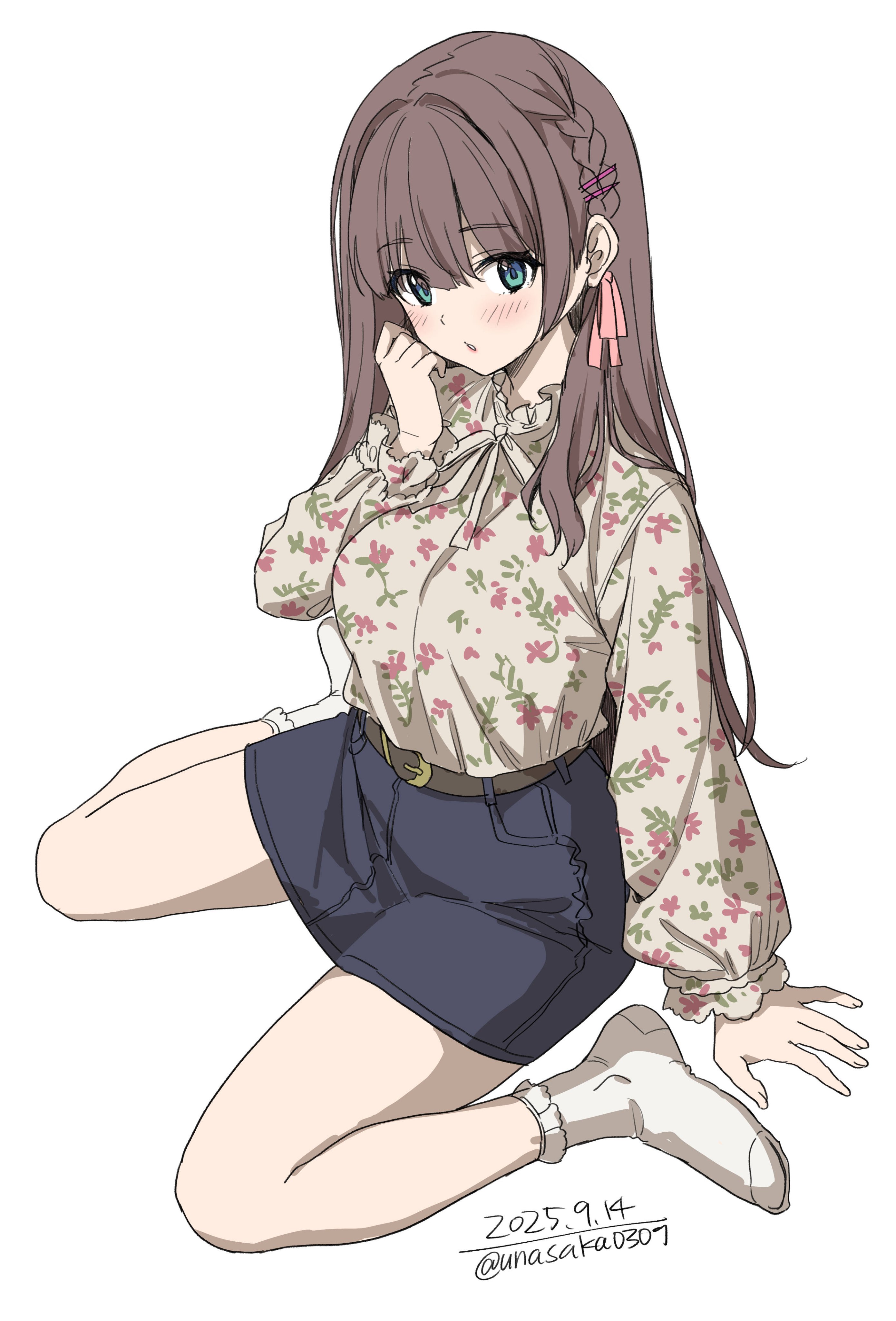 unasaka ryou, original, absurdres, highres, 1girl, belt, blue eyes, blue skirt, blush, braid, breasts, brown hair, floral print, floral print shirt, hair ornament, hair ribbon, hairclip, long hair, long sleeves, looking at viewer, parted lips, ribbon, shirt, simple background, sitting, skirt, socks, solo, wariza, white background, white shirt, white socks