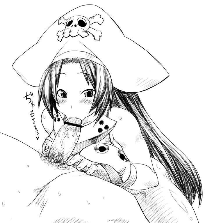 slashcat, may (guilty gear), arc system works, guilty gear, 1girl, :>=, censored, fellatio, gloves, greyscale, hat, lineart, long hair, monochrome, oral, penis, pirate, saliva, sketch, solo focus, sweat