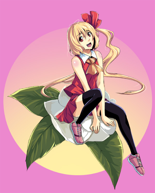 satori, satori (transient wind), flandre scarlet, touhou, 1girl, adapted costume, black thighhighs, blonde hair, blouse, collared shirt, female focus, flower, hair between eyes, head tilt, on flower, one side up, oversized flower, pink background, pink shoes, red eyes, red shirt, shirt, shoes, side ponytail, sleeveless, sleeveless shirt, solo, thighhighs, zettai ryouiki