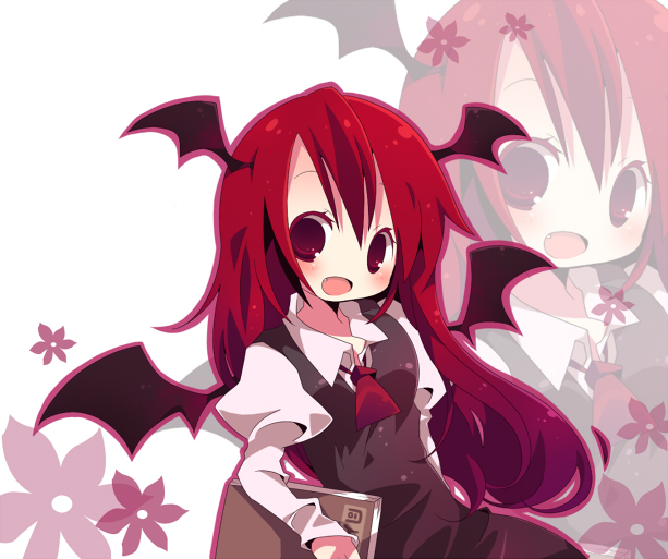 ana (rznuscrf), koakuma, embodiment of scarlet devil, touhou, 1girl, bat wings, book, fang, female focus, head wings, long hair, open mouth, red eyes, red hair, smile, solo, wings, zoom layer