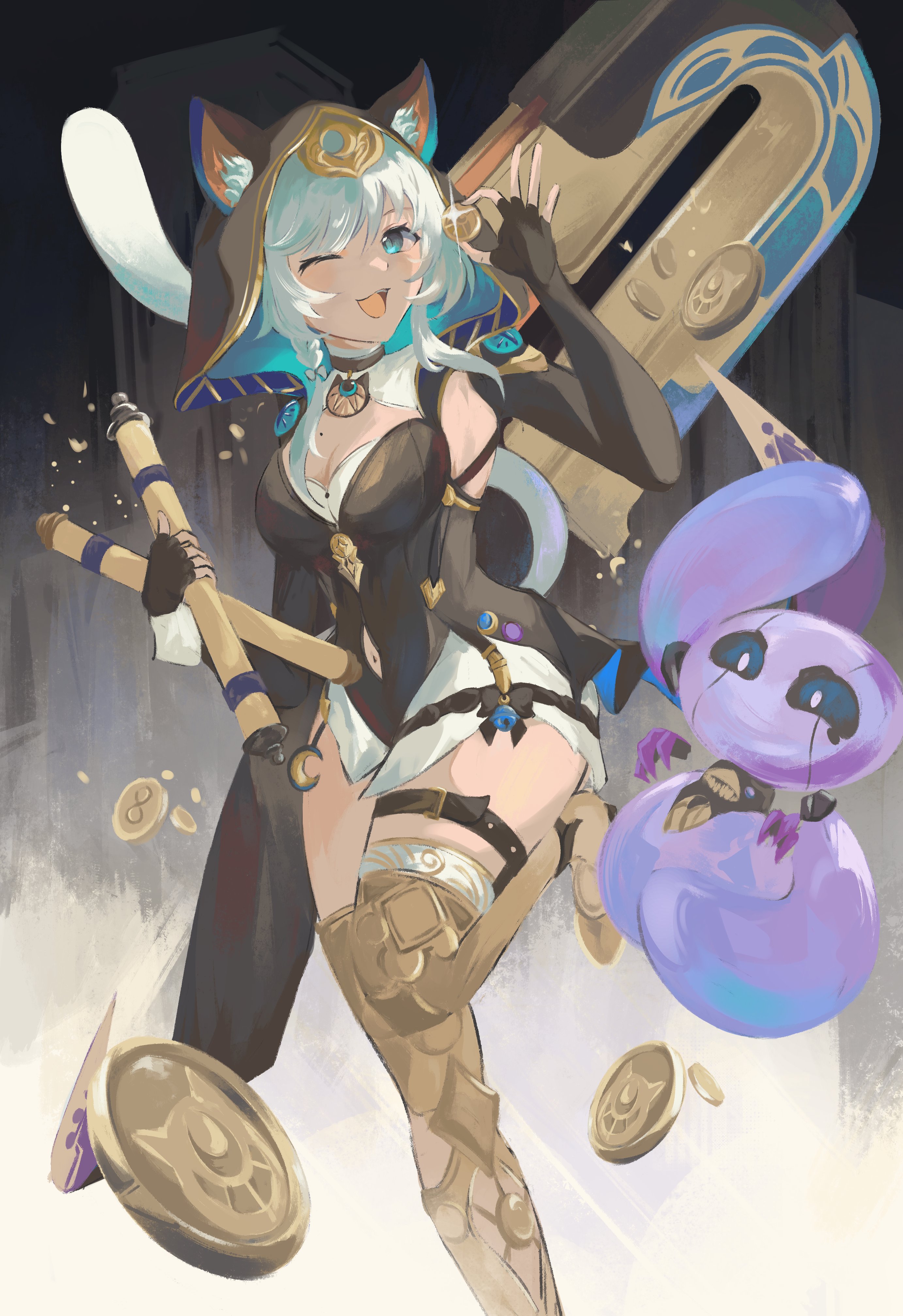 yuekitori, cipher (honkai: star rail), spirithief bartholos (honkai: star rail), honkai: star rail, honkai (series), absurdres, commentary, english commentary, highres, 1girl, ;o, animal ear fluff, animal ears, animal hood, belt, black gloves, black leotard, blue eyes, boots, breasts, cat ears, cat girl, cat hood, cat tail, cleavage, coin, fingerless gloves, gloves, gold boots, gold coin, grey hair, holding, holding coin, hood, hooded leotard, large breasts, leotard, magnet, mole, mole on breast, one eye closed, short hair with long locks, shorts, tail, thigh belt, thigh strap, thighs, white shorts