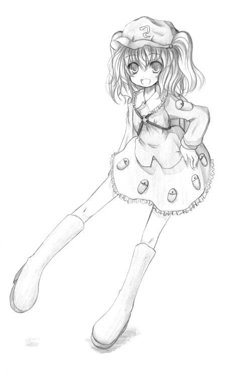 kurona, kawashiro nitori, touhou, 1girl, :d, boots, collar, dress, female focus, flat cap, full body, greyscale, hat, key, looking at viewer, monochrome, open mouth, pocket, rubber boots, short hair, smile, solo, thighhighs, two side up, zettai ryouiki