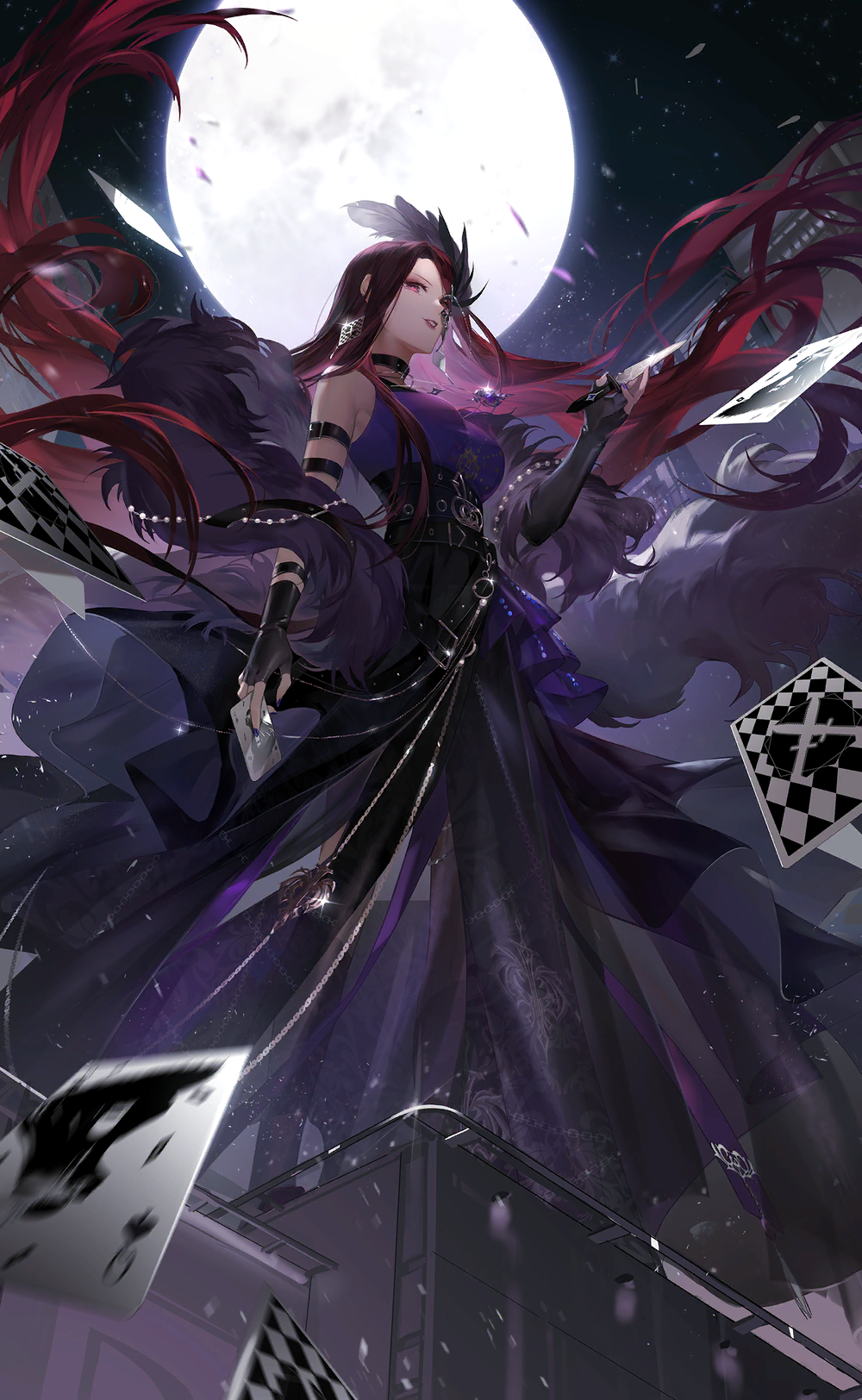 nikki (series), shining nikki, artist request, game cg, highres, official art, 1girl, ace (playing card), ace of spades, arm belt, belt, belt buckle, belt collar, between breasts, black belt, black boots, black corset, black gloves, black mask, black shawl, black skirt, boots, breasts, brown hair, buckle, card, card between breasts, city, clenched hand, collar, colored inner hair, corset, covered erect nipples, feather hair ornament, feathers, fingernails, floating cape, floating card, floating clothes, floating hair, frilled skirt, frills, from behind, full body, full moon, fur shawl, gloves, hair ornament, half mask, happy, high belt, holding, holding card, holding knife, jewelry, knife, large breasts, light particles, lipstick, long skirt, looking at viewer, makeup, mask, moon, moonlight watcher (shining nikki), multicolored hair, multiple belts, necklace, night, night sky, official alternate color, on rooftop, open mouth, outdoors, playing card, pleated skirt, purple shirt, queen (playing card), queen of spades (playing card), red eyes, red hair, red lips, see-through clothes, see-through skirt, shawl, shirt, skirt, sky, sleeveless, sleeveless shirt, smile, solo, sorika (shining nikki), spade (shape), standing, star (sky), starry sky, teeth, tight clothes, tight shirt, two-tone hair