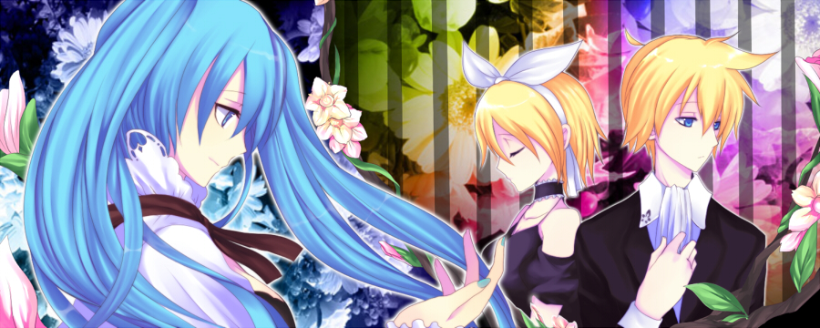 harano, hatsune miku, kagamine len, kagamine rin, vocaloid, 1boy, 2girls, ascot, bare shoulders, blonde hair, blue eyes, blue hair, brother and sister, closed eyes, closed mouth, dress, formal clothes, frills, from side, long hair, looking down, multiple girls, profile, short hair, siblings, smile, twins, upper body, white dress