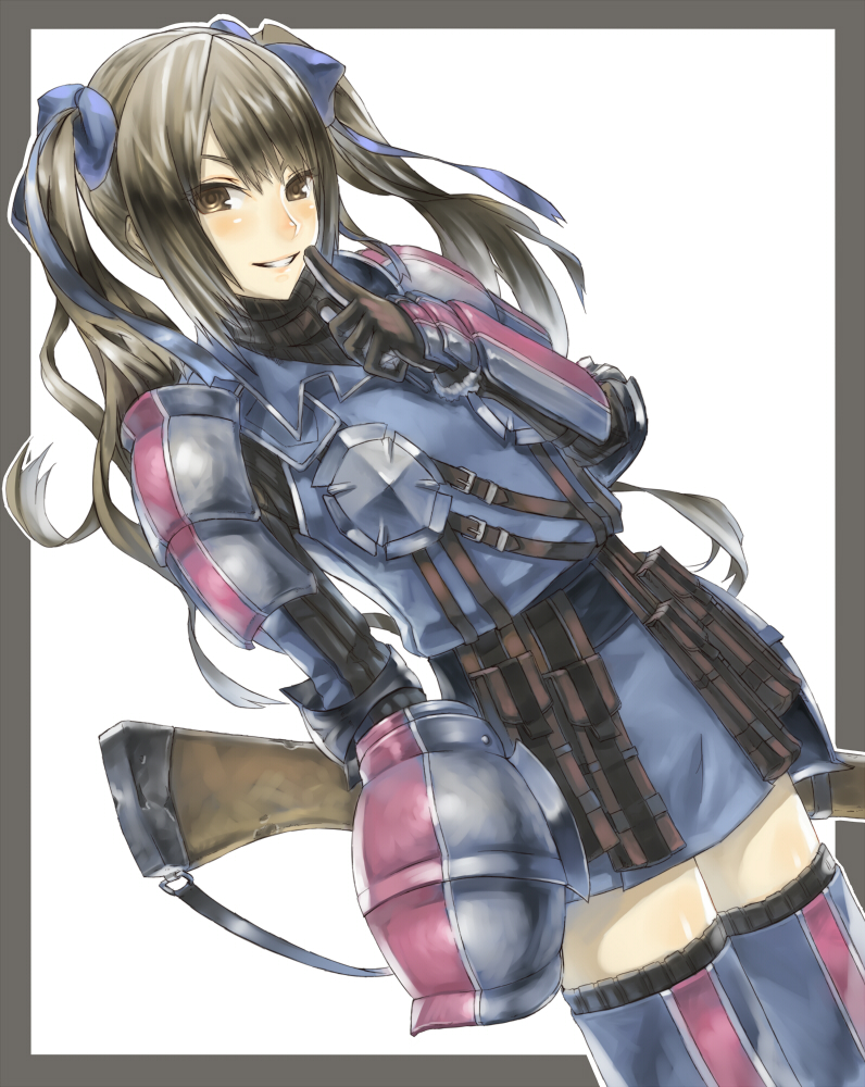 nidy, edy nelson, senjou no valkyria, senjou no valkyria (series), senjou no valkyria 1, uniform, 00s, 1girl, armor, blue ribbon, blush, brown eyes, brown hair, female focus, grey hair, gun, long hair, ribbon, rifle, solo, thighhighs, twintails, weapon