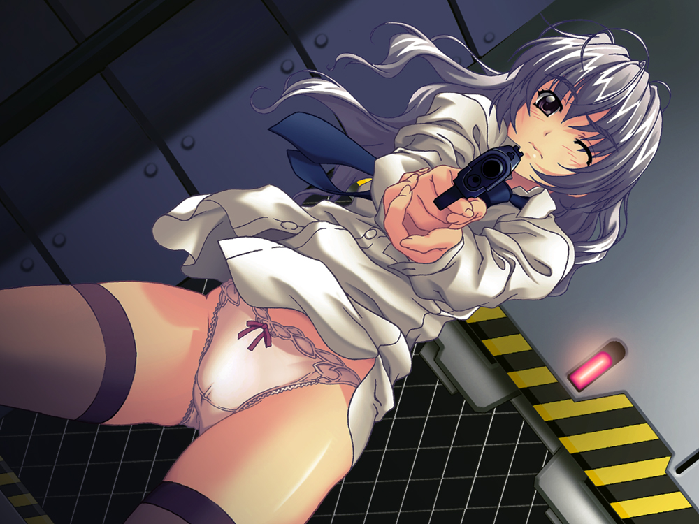 nagayori, teletha testarossa, full metal panic!, silver hair, 00s, 1girl, blush, bow, bow panties, dutch angle, female focus, gun, long hair, necktie, no pants, one eye closed, panties, pov, shirt, solo, thighhighs, underwear, weapon, white panties, wink