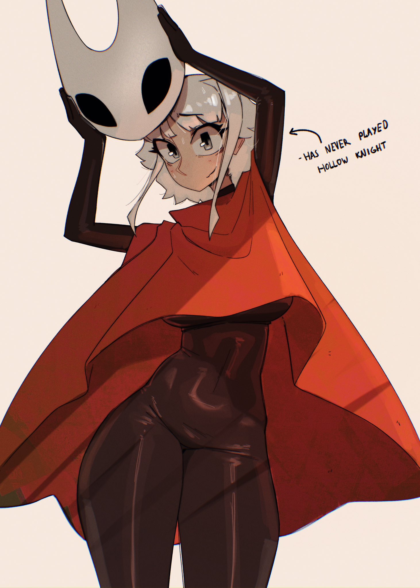 shibansfw, hornet (hollow knight), hollow knight, highres, 1girl, arrow (symbol), black bodysuit, bodysuit, cape, contrapposto, cosplay, english text, feet out of frame, grey eyes, hands up, holding, holding mask, hornet (hollow knight) (cosplay), looking at viewer, mask, medium hair, nose, red cape, simple background, skin tight, smile, standing, thick thighs, thighs, white hair, wide hips, yellow background