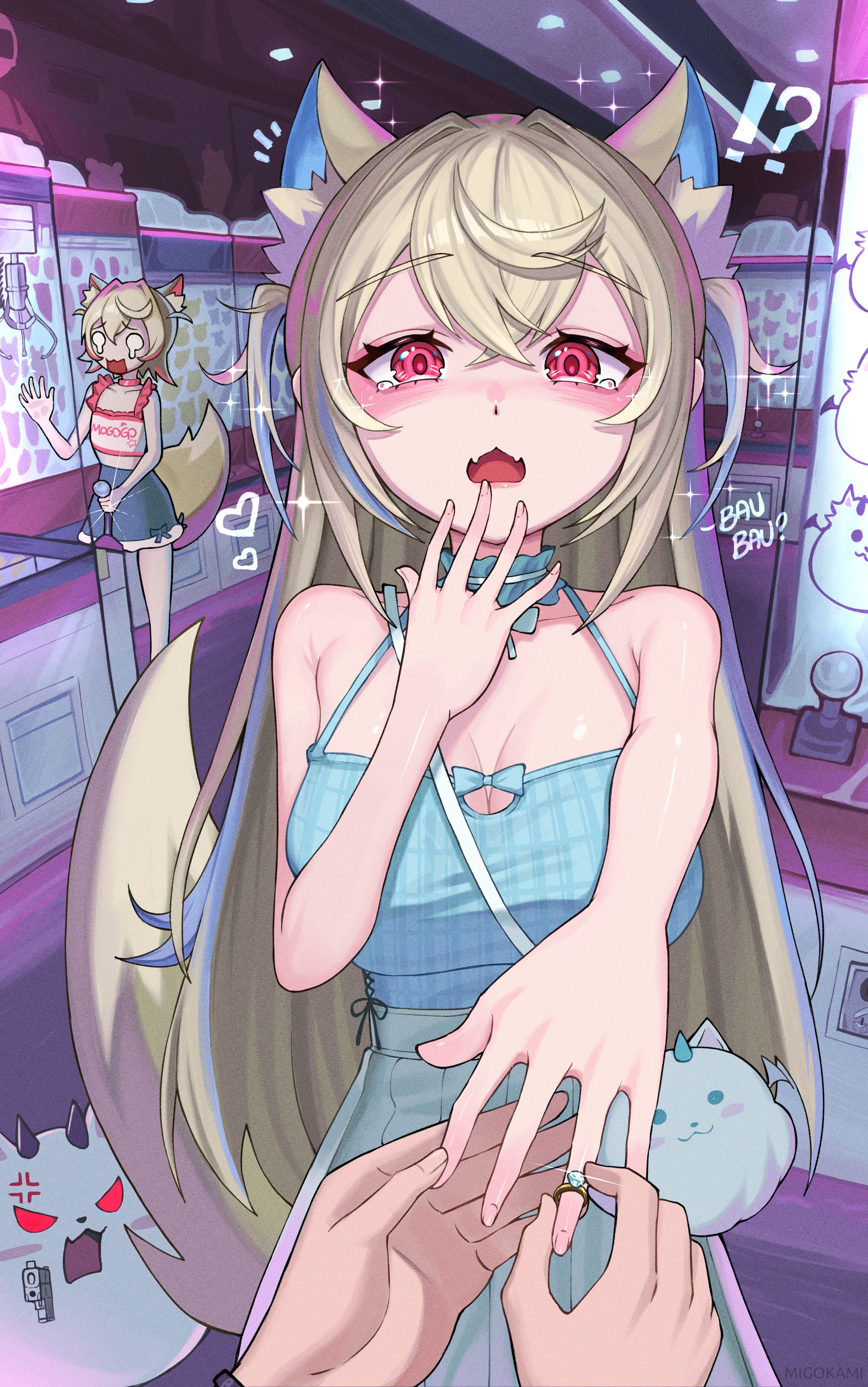 migokami, fuwawa abyssgard, fuwawa abyssgard (casual), mococo abyssgard, mococo abyssgard (casual), perroccino (fuwamoco), hololive, hololive english, absurdres, highres, !?, 1other, 2girls, anger vein, animal ears, arcade, bare shoulders, blonde hair, blue choker, blue hair, blue shirt, blush, breasts, camisole, choker, cleavage, crane game, crop top, crossed bangs, crying, crying with eyes open, denim, denim skirt, dog ears, dog girl, dog tail, fangs, flat chest, gun, hair between eyes, hand up, handgun, heart, horns, indoors, jewelry, large breasts, long hair, marriage proposal, multicolored hair, multiple girls, o o, open mouth, outstretched arm, pink choker, pink hair, pov, raised eyebrows, reaching, reaching towards viewer, ring, shirt, short hair, siblings, sisters, skirt, sparkle, streaked hair, surprised, tail, tearing up, tears, two-tone hair, two side up, virtual youtuber, weapon, wedding ring, white skirt