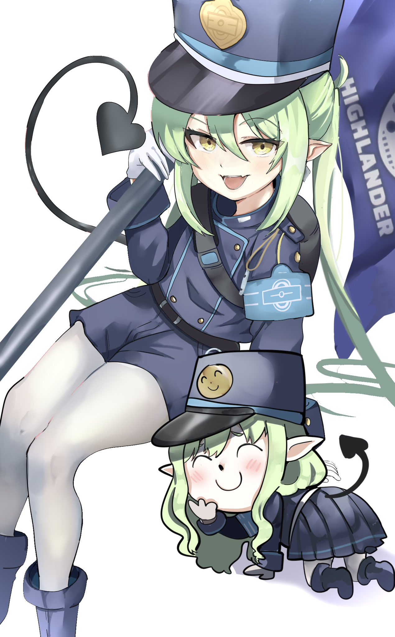 saabyboi, doodle sensei (blue archive), hikari (blue archive), nozomi (blue archive), sensei (blue archive), blue archive, commentary, highres, 1boy, 1girl, all fours, armband, belt, black belt, black hat, black jacket, black shorts, black skirt, blue armband, blush, buttons, closed mouth, cosplay, demon girl, demon tail, double-breasted, dutch angle, eyelashes, fangs, feet out of frame, flag, gloves, green hair, hair between eyes, hand up, hat, hikari (blue archive) (cosplay), holding, holding flag, jacket, long hair, long sleeves, looking at viewer, miniskirt, open mouth, pantyhose, peaked cap, pleated skirt, pointy ears, shorts, sidelocks, simple background, sitting, skin fangs, skirt, smile, solo focus, tail, tail raised, teeth, thick eyebrows, tongue, tsurime, twintails, v-shaped eyebrows, very long hair, white background, white gloves, white pantyhose, wig, yellow eyes