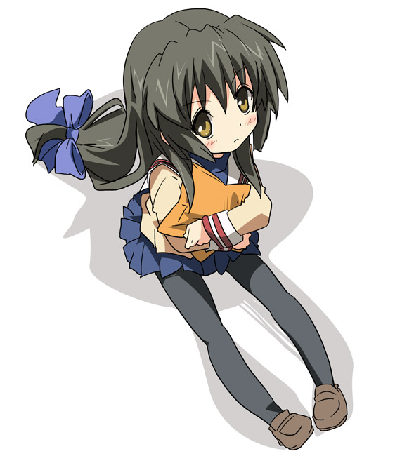 ixy, ibuki fuuko, clannad, 00s, blush, brown eyes, long hair, pantyhose, school uniform, serafuku, sitting, solo, starfish