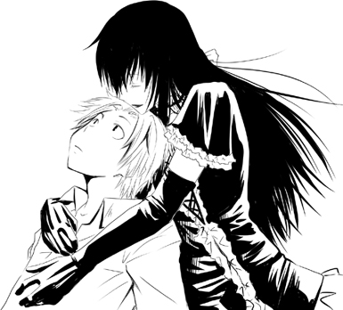 sawaki souemon tadayasu, yuuki kei, moyashimon, lowres, non-web source, 2boys, crossdressing, crossdressing (mtf), elbow gloves, gloves, greyscale, hug, monochrome, multiple boys, trap