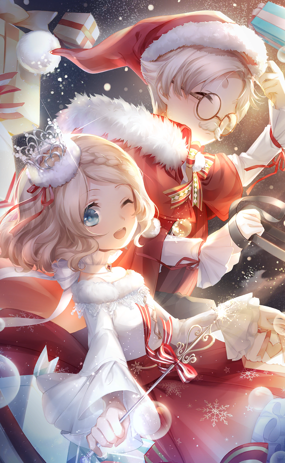 nikki (series), shining nikki, artist request, game cg, highres, official art, 1boy, 1girl, ^ ^, argyle bow, argyle bowtie, argyle clothes, bag, bare shoulders, blonde hair, blue eyes, bow, bow choker, bowtie, braid, brother and sister, brown-framed eyewear, choker, christmas, cloak, closed eyes, closed mouth, collarbone, cowboy shot, crown, crown braid, eyelashes, fake facial hair, fake mustache, floating clothes, floating hair, frilled choker, frilled skirt, frilled sleeves, frills, fur-trimmed cloak, fur-trimmed crown, fur-trimmed headwear, fur-trimmed shirt, fur trim, gift, glasses, glint, hair ribbon, hand on headwear, handbag, happy, hat, heart, heart print, high-waist skirt, holding, holding bag, holding reins, holding wand, hood, hood down, hooded cloak, lace, lace-trimmed shirt, lace trim, light blush, light particles, light rays, long sleeves, magic blessing (shining nikki), mini crown, miniskirt, night, night sky, off-shoulder shirt, off shoulder, one eye closed, open mouth, outdoors, parted bangs, pleated skirt, pom pom (clothes), red bow, red bowtie, red cloak, red hat, red ribbon, red skirt, red vest, reins, ribbon, round eyewear, santa hat, shirt, short hair, siblings, skirt, sky, sleeve ribbon, sleeves past wrists, smile, snowflake print, snowing, striped bow, striped bowtie, striped clothes, susan (shining nikki), tareme, teeth, twins, two-tone bow, two-tone bowtie, upper teeth only, vest, wand, white bag, white bow, white choker, white shirt, william (shining nikki), yellow bow, yellow bowtie