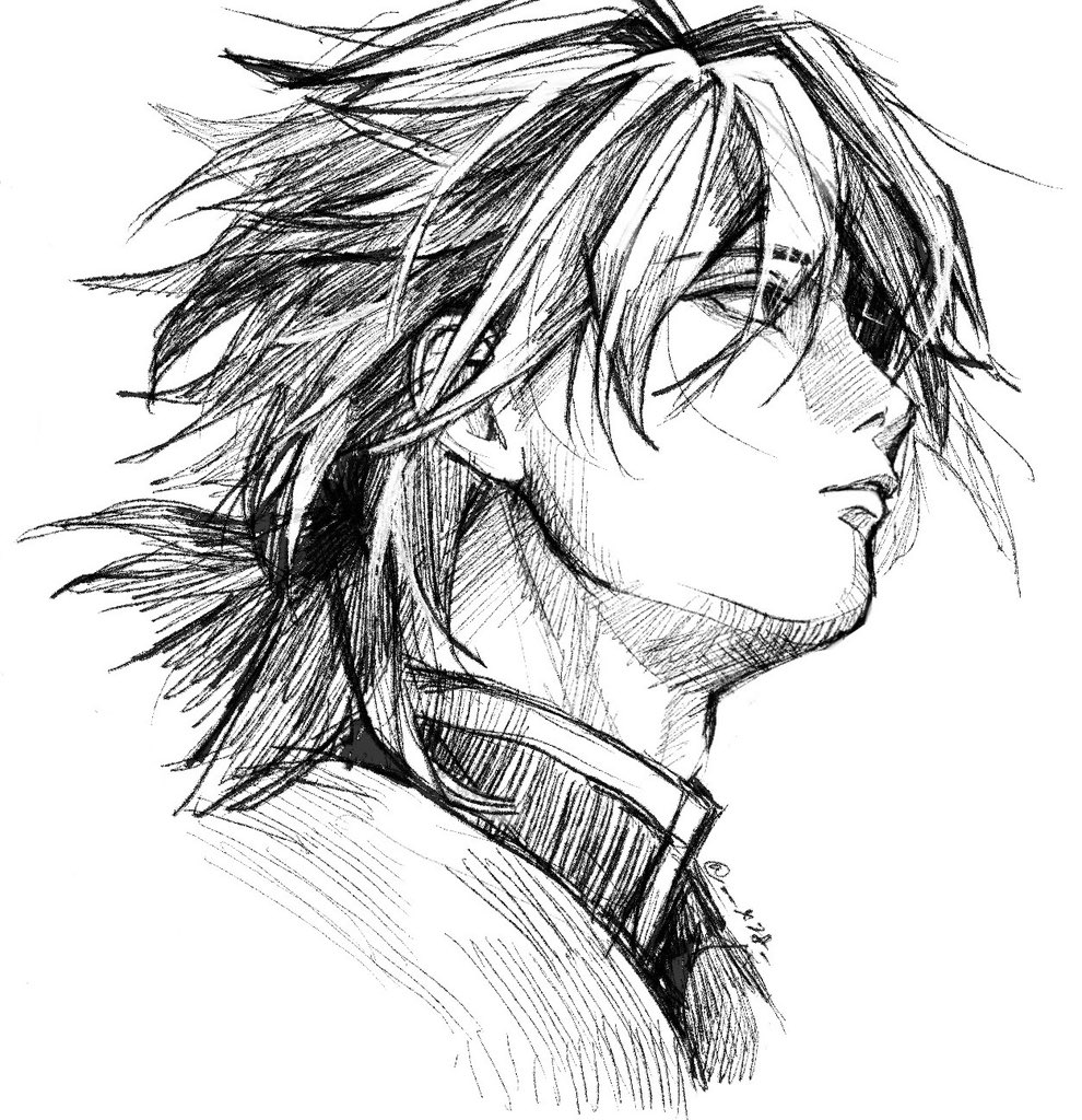 tomioka giyuu, kimetsu no yaiba, 1boy, cropped shoulders, greyscale, hatching (texture), linear hatching, long hair, looking ahead, looking to the side, low ponytail, male focus, monochrome, parted lips, ponytail, profile, simple background, sketch, solo, twitter username, white background, x78