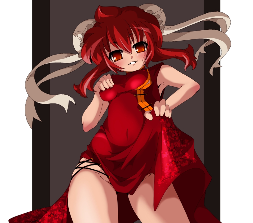 yamazaki kazu, bad id, bad pixiv id, armpits, blush, bun cover, china dress, chinese clothes, clothes lift, double bun, dress, dress lift, from below, legs, looking down, orange eyes, red hair, solo