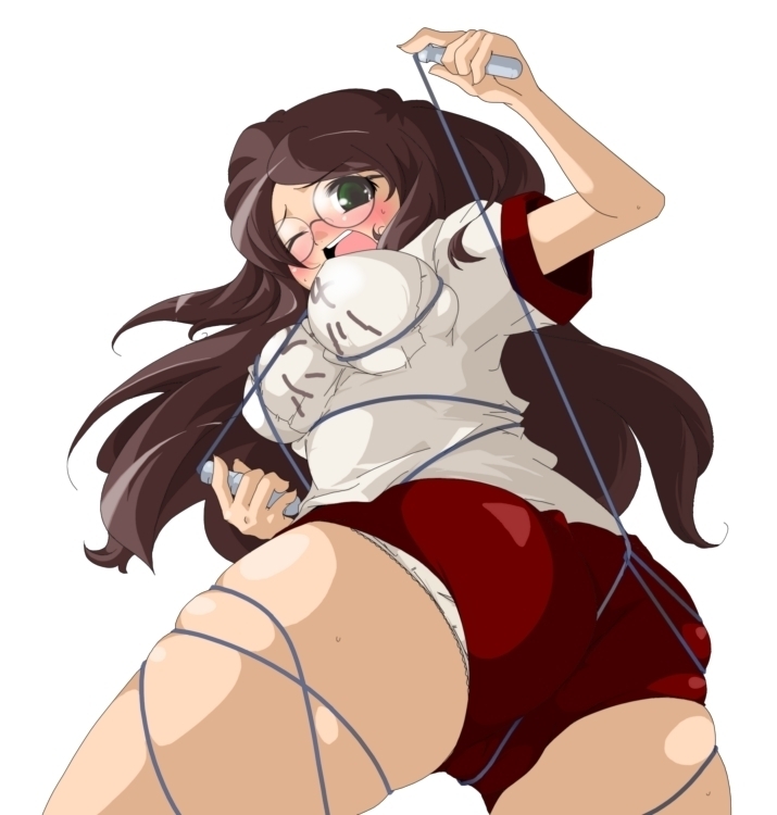 yamazaki kazu, bad id, bad pixiv id, 1girl, ass, blush, breasts, breasts squeezed together, brown hair, buruma, female focus, glasses, green eyes, gym uniform, long hair, medium breasts, panties, rope, solo, underwear
