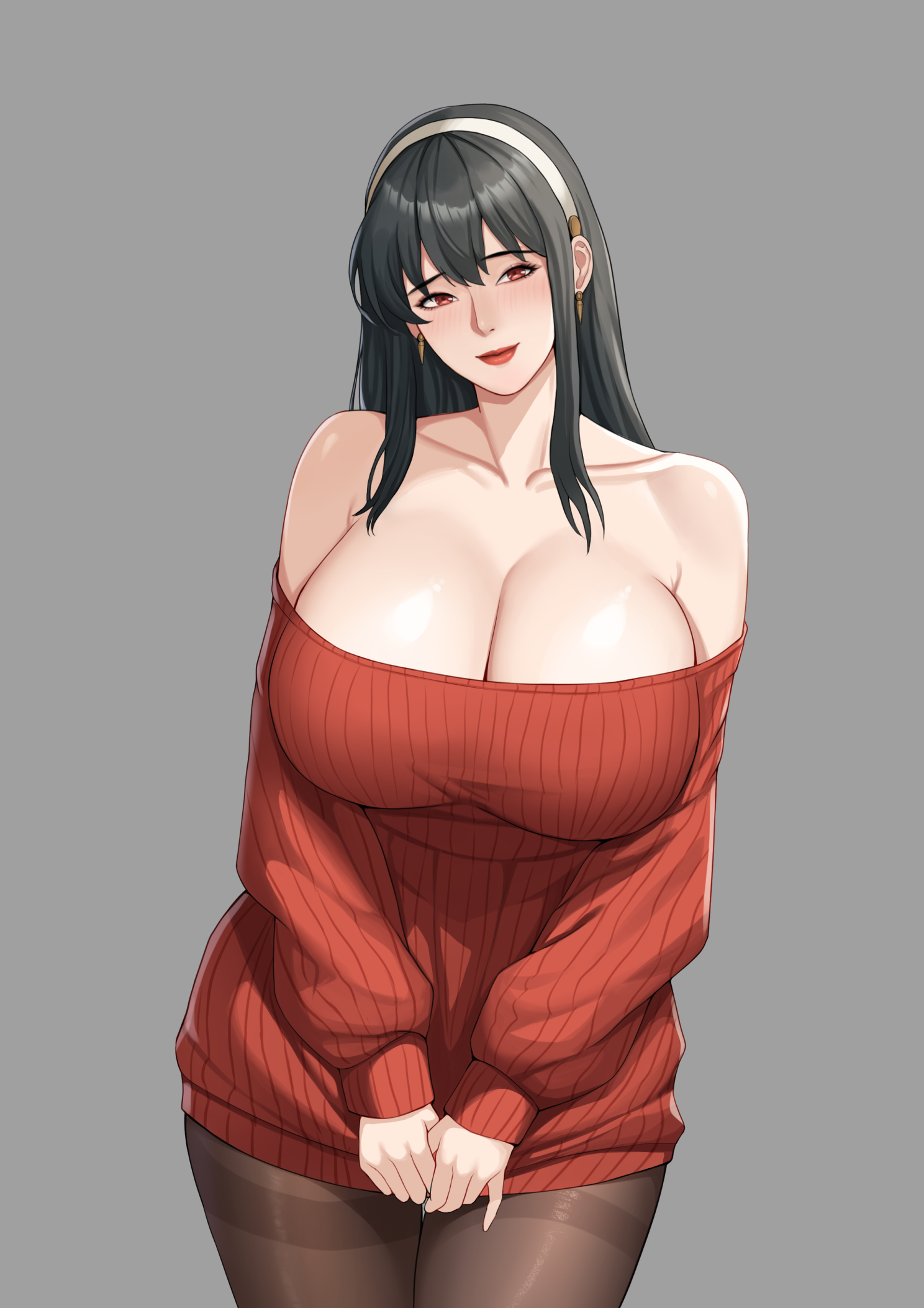 gxtsjs, yor briar, spy x family, alternate breast size, highres, 1girl, bare shoulders, black hair, black pantyhose, blush, breasts, brown pantyhose, cleavage, clothes pull, collarbone, cowboy shot, dress, earrings, gold earrings, grey background, hairband, huge breasts, jewelry, large breasts, lips, long hair, long sleeves, looking at viewer, mature female, off-shoulder sweater, off shoulder, pantyhose, raised eyebrows, red eyes, red lips, red sweater, ribbed sweater, sidelocks, simple background, smile, solo, sweater, sweater dress, sweater pull, thighband pantyhose, thighs, v arms, white hairband