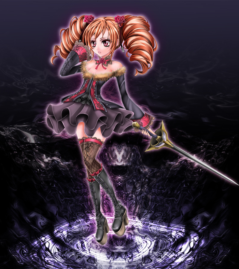 1041 (toshikazu), amy sorel, soul calibur, soulcalibur, soulcalibur iv, 1girl, bare shoulders, boots, choker, detached sleeves, dress, drill hair, female focus, fishnet thighhighs, fishnets, flower, fur trim, gothic lolita, lace, lolita fashion, orange hair, rapier, red eyes, rose, solo, sword, thighhighs, twintails, weapon