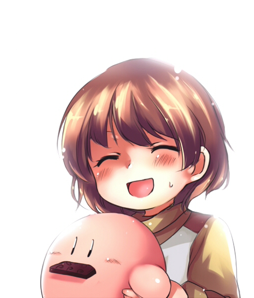 kumuiutabito, kirby, kirby (series), nintendo, blush, brown hair, closed eyes, laughing, solo