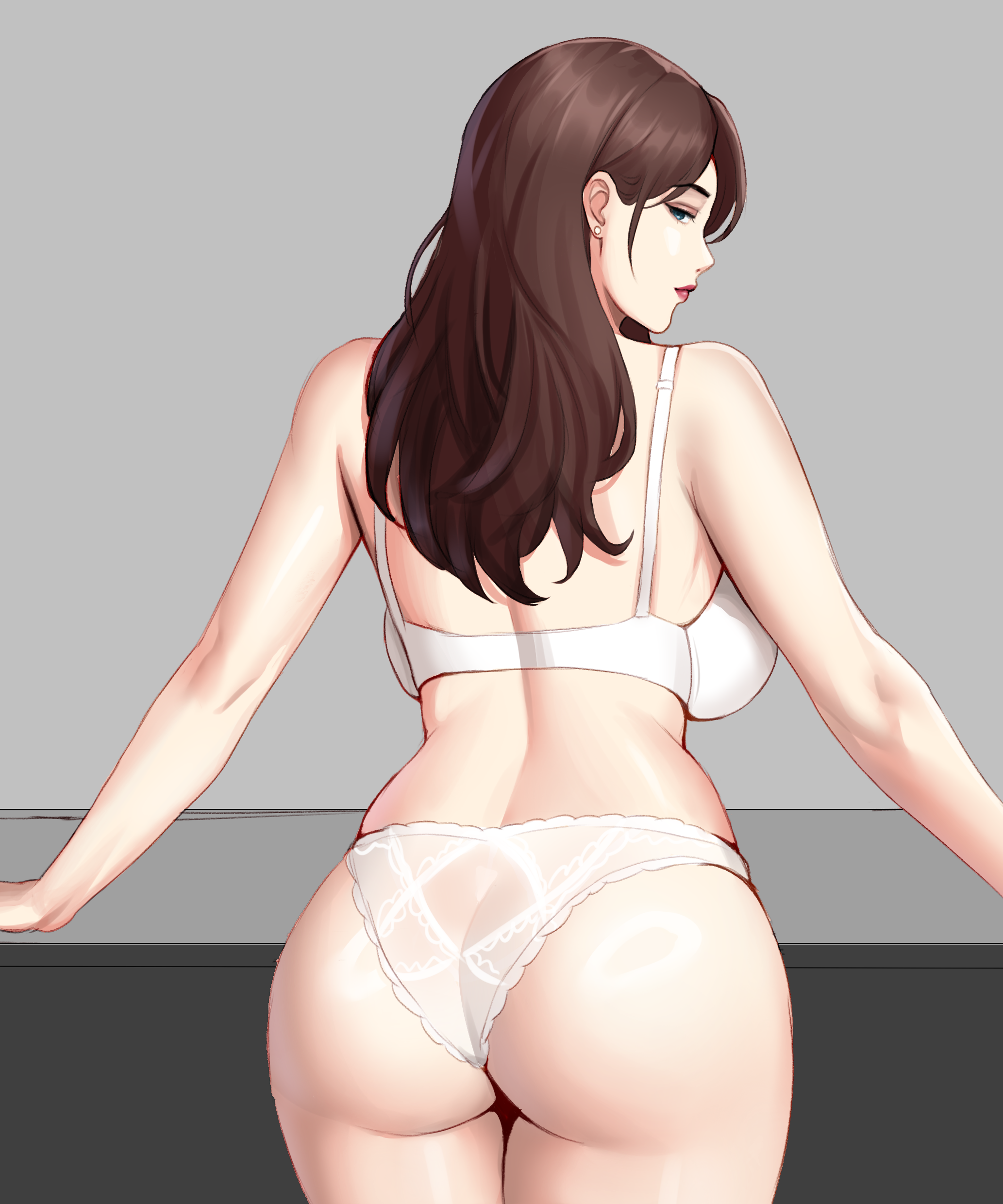 gxtsjs, absurdres, highres, 1girl, ass, back, backboob, bare arms, bare shoulders, blue eyes, bra, breasts, brown hair, cowboy shot, from behind, large breasts, lips, lipstick, long hair, looking at viewer, looking back, makeup, mature female, mole, panties, red lips, see-through clothes, solo, standing, thighs, underwear, underwear only, white bra, white panties