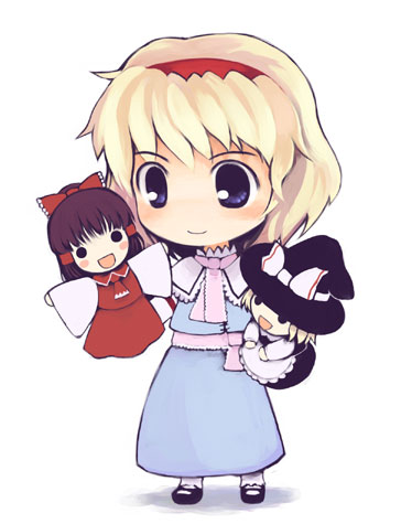 kito (sorahate), alice margatroid, hakurei reimu, kirisame marisa, strange and bright nature deity, touhou, lowres, 1girl, blonde hair, blue eyes, character doll, chibi, doll, female focus, puppet, short hair, solo, white background