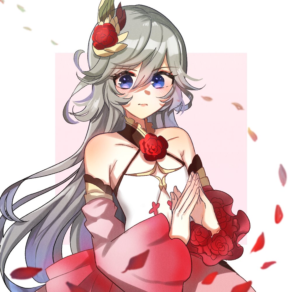 rose fairy unfan (grimms notes), grimms notes, 1girl, blue eyes, closed mouth, grey hair, long hair, looking at viewer, nyokittosan, solo
