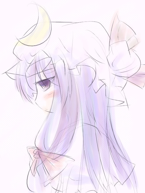 natsuki (silent selena), patchouli knowledge, touhou, 1girl, blush, bow, crescent, female focus, from side, hair bow, hat, long hair, mob cap, purple eyes, purple hair, sketch, solo