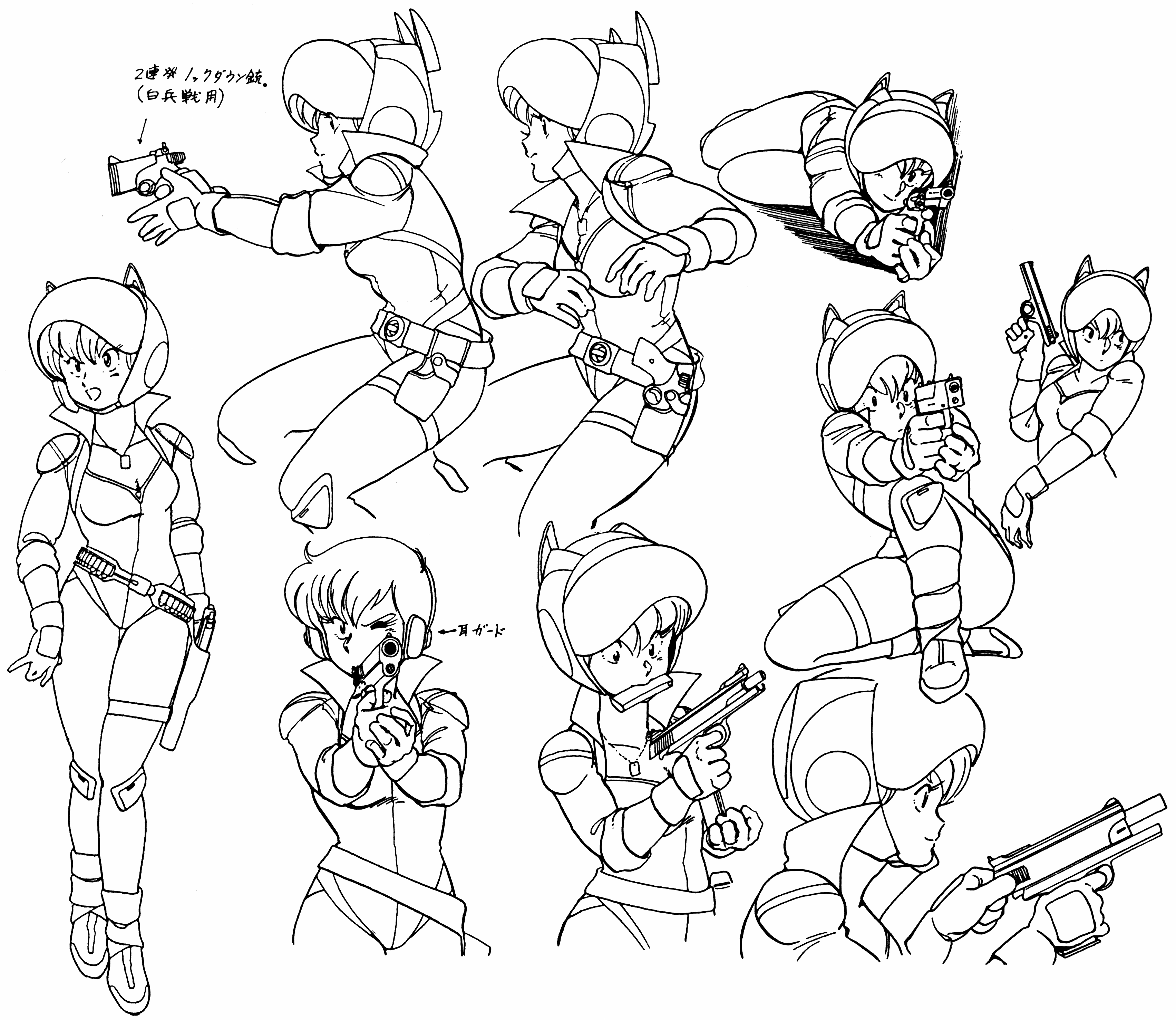 sonoda ken'ichi, patty, gall force, 1980s (style), absurdres, highres, non-web source, scan, translation request, 1girl, animal ears, belt, bodysuit, breasts, cat ears, cocking gun, full body, greyscale, gun, handgun, helmet, holster, kneeling, lineart, lying, monochrome, mouth hold, multiple views, oldschool, on one knee, on side, one eye closed, pistol, reference sheet, reloading, retro artstyle, simple background, standing, weapon, wink