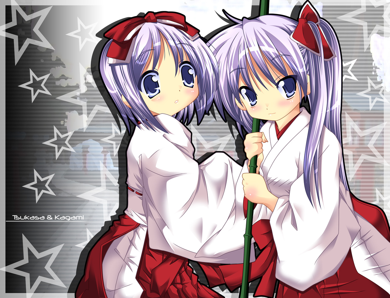 kohakugin, hiiragi kagami, hiiragi tsukasa, lucky star, 00s, 2girls, bamboo broom, bow, broom, hair bow, hakama, hakama skirt, japanese clothes, kimono, long hair, long sleeves, miko, multiple girls, purple eyes, purple hair, red bow, red hakama, red skirt, short hair, siblings, sisters, skirt, twins