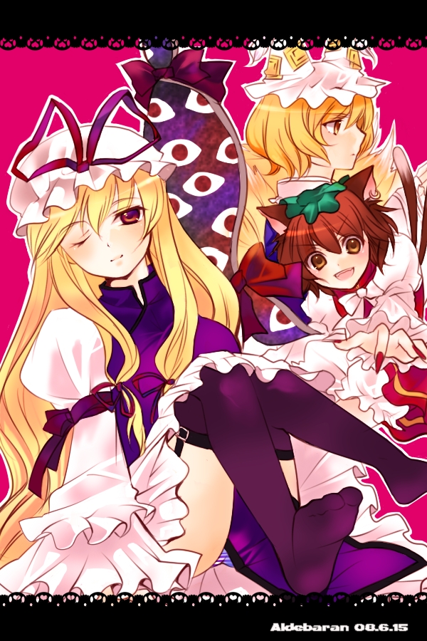 n-mix, chen, yakumo ran, yakumo yukari, touhou, bad id, bad pixiv id, 3girls, animal ears, animal hat, blonde hair, cat ears, cat girl, cat tail, china dress, chinese clothes, dress, earrings, female focus, fox ears, fox tail, gap (touhou), hat, jewelry, long hair, long sleeves, mob cap, multiple girls, panties, ribbon, short hair, tail, tassel, thighhighs, underwear, wide sleeves