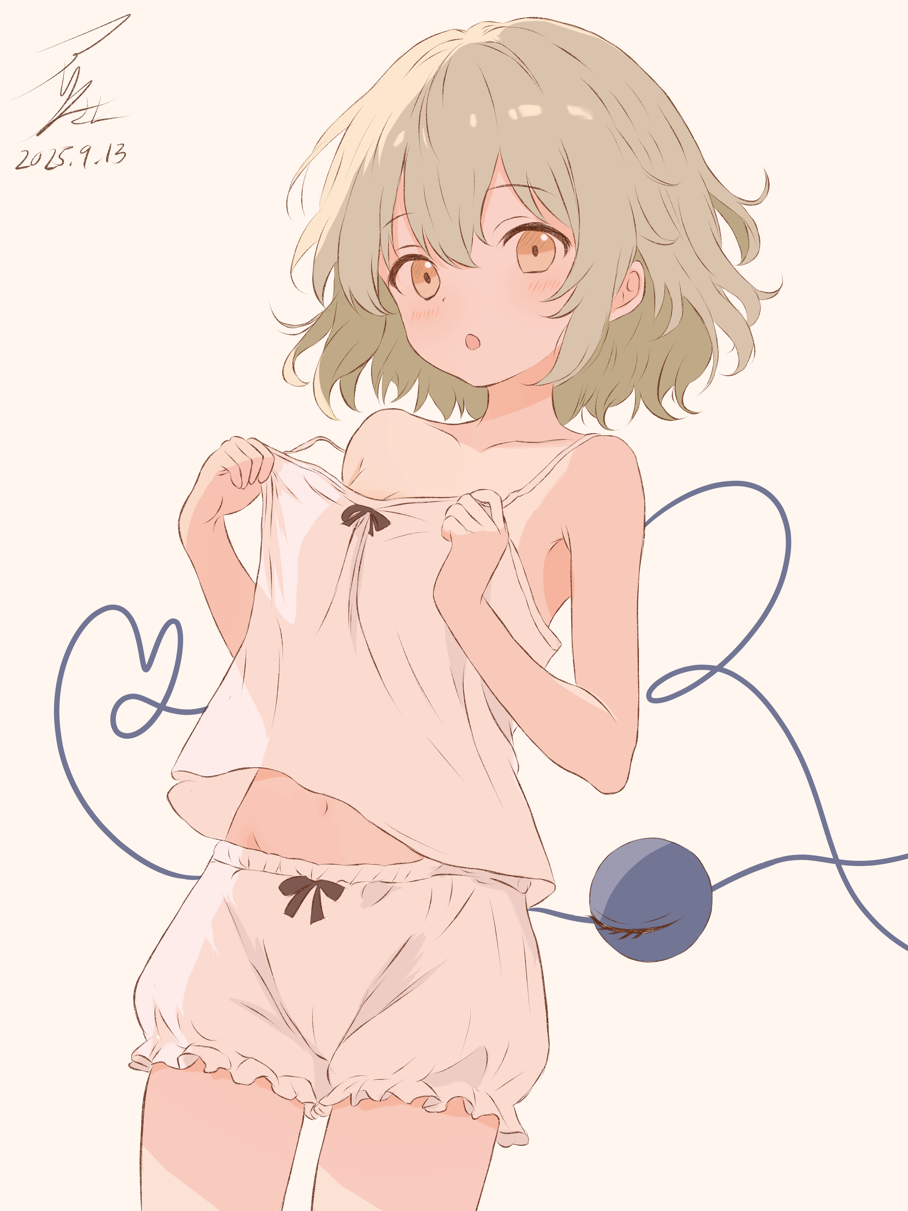 iris-san, komeiji koishi, touhou, absurdres, highres, 1girl, bloomers, blush, camisole, cowboy shot, eyeball, green eyes, green hair, hair between eyes, heart, heart of string, messy hair, open mouth, see-through clothes, simple background, spaghetti strap, strap slip, third eye, underwear, white camisole