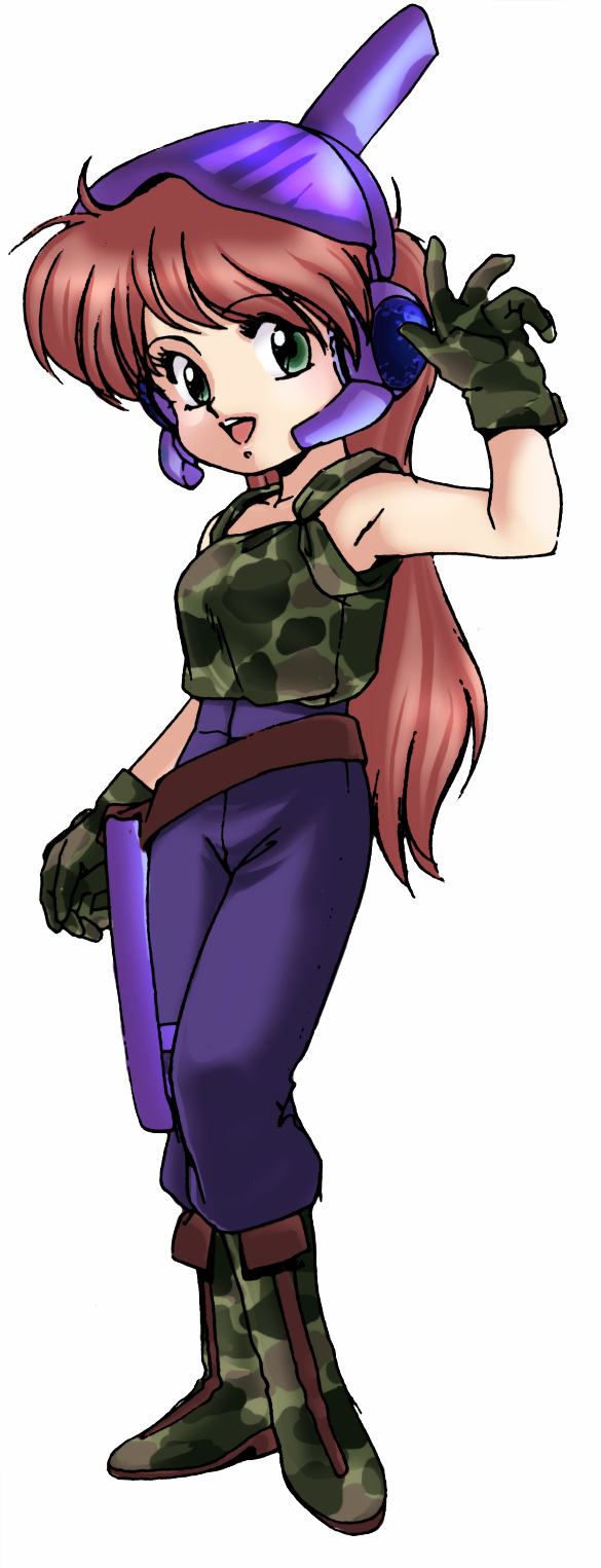 sonoda ken'ichi, rabby, gall force, colorized, highres, non-web source, 1girl, :d, armpits, belt, boots, camouflage, chibi, female focus, full body, gloves, green eyes, helmet, lipstick, long hair, makeup, open mouth, pants, pink hair, retro artstyle, simple background, smile, solo, standing, transparent background, vest, waving