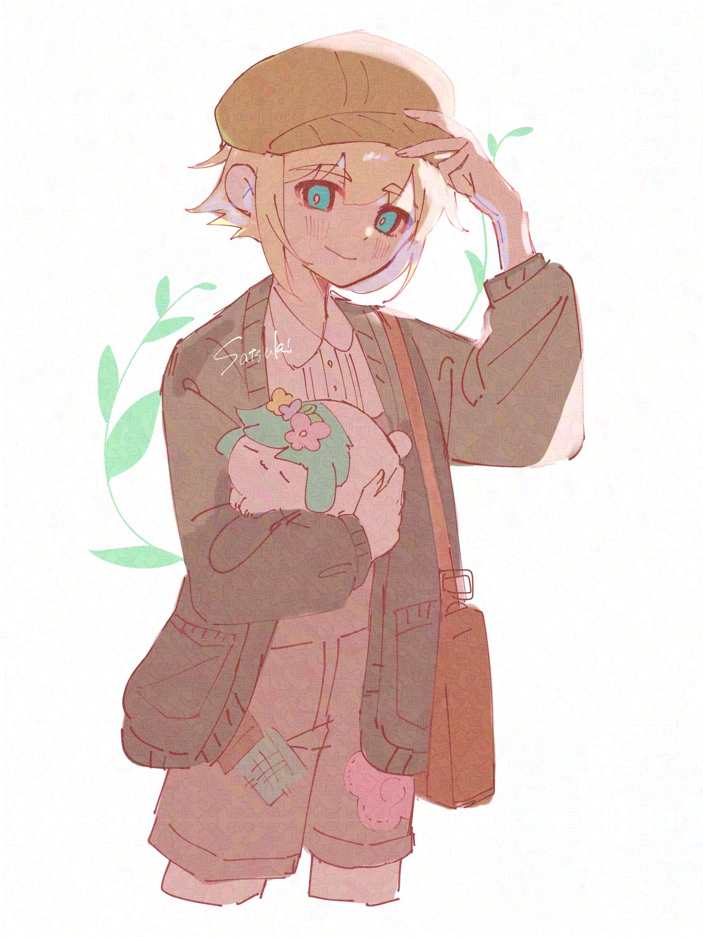 satsuki 1243, basil (birthday) (omori), basil (faraway) (omori), basil (headspace) (omori), basil (omori), omori, adversarial noise, highres, 1boy, :3, adjusting clothes, adjusting headwear, animal, animalization, arm up, bag, blonde hair, blue eyes, bright pupils, brown bag, brown hat, brown overalls, buttons, cardigan, closed eyes, closed mouth, collared shirt, cropped legs, double-parted bangs, dual persona, flower, green cardigan, green hair, hair between eyes, hat, holding, holding animal, leaf, long sleeves, male focus, newsboy cap, official alternate costume, open cardigan, open clothes, overall shorts, overalls, pink flower, plant, puffy long sleeves, puffy sleeves, purple flower, rabbit, shirt, short hair, shoulder bag, sidelighting, simple background, smile, solo, standing, u u, white background, white pupils, white rabbit (animal), white shirt, yellow flower