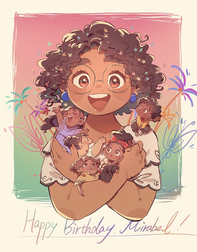 antonio madrigal, camilo madrigal, dolores madrigal, isabela madrigal, luisa madrigal, mirabel madrigal, encanto, 2boys, 4girls, arepa, brown eyes, brown hair, colombian clothes, curly hair, dark-skinned female, dark skin, earrings, embroidery, glasses, hourglass print, jewelry, miz esc, multiple boys, multiple girls, poncho, short hair, simple background, smile, yellow poncho