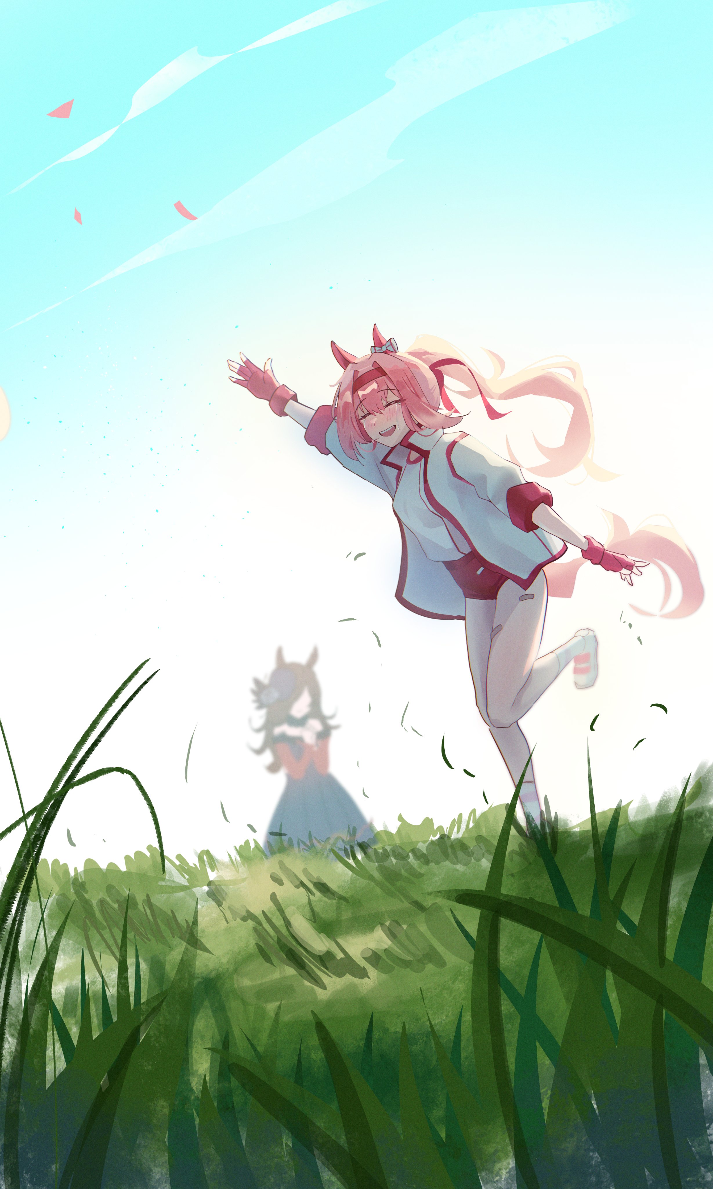 inakidayo, haru urara (bestest prize) (umamusume), haru urara (umamusume), rice shower (rosy dreams) (umamusume), rice shower (umamusume), umamusume, absurdres, commentary, english commentary, highres, 2girls, animal ears, bandaid, bandaid on leg, bare shoulders, black collar, blue dress, blue flower, blue hat, blue rose, blue sky, blush, bow, bowler hat, brown hair, buruma, closed eyes, collar, crying, detached collar, dress, ear bow, ear covers, fascinator, field, fingerless gloves, flipped hair, flower, gloves, grass, hair over one eye, hairband, hat, hat flower, headband, horse ears, horse girl, horse tail, jacket, long hair, long sleeves, multiple girls, off-shoulder dress, off shoulder, open mouth, outdoors, pink buruma, pink hair, pink headband, ponytail, red buruma, red gloves, red headband, rose, shirt, sky, smile, socks, solo focus, striped clothes, striped socks, tail, tears, teeth, tilted headwear, upper teeth only, waving, white jacket, white shirt
