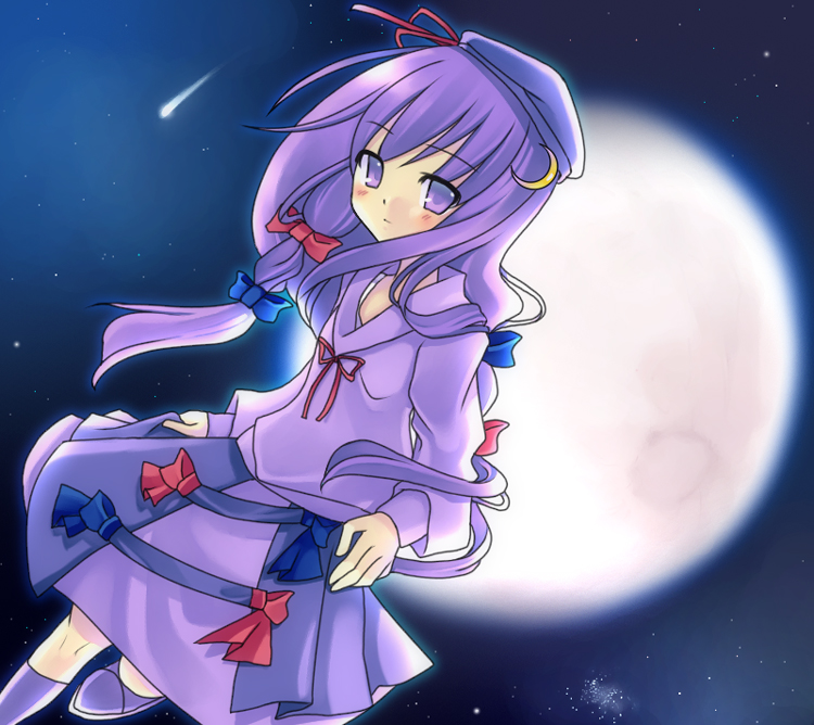 shimizu, shizuki mizuha, patchouli knowledge, touhou, bad id, bad pixiv id, 1girl, female focus, hat, long hair, moon, night, purple hair, ribbon, solo