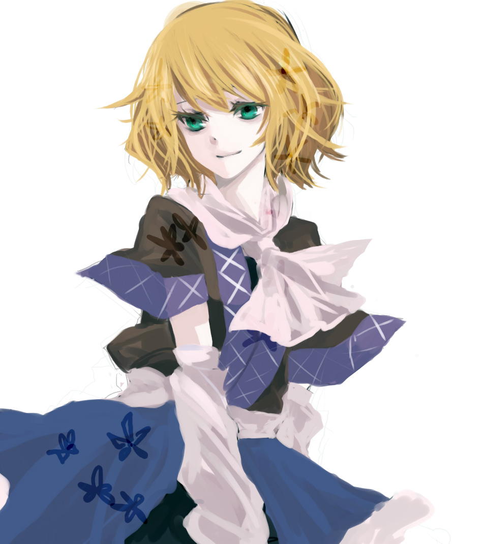 minase (mmakina), mizuhashi parsee, touhou, bad id, bad pixiv id, 1girl, blonde hair, female focus, green eyes, short hair, simple background, smile, solo, white background