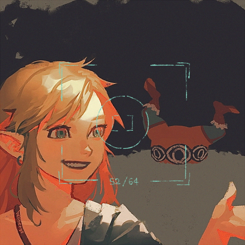 bellhenge, link, nintendo, the legend of zelda, the legend of zelda: tears of the kingdom, 2boys, ahoge, blonde hair, blue eyes, earrings, jewelry, kohga, looking at viewer, male focus, multiple boys, pointy ears, short hair, smile, video camera