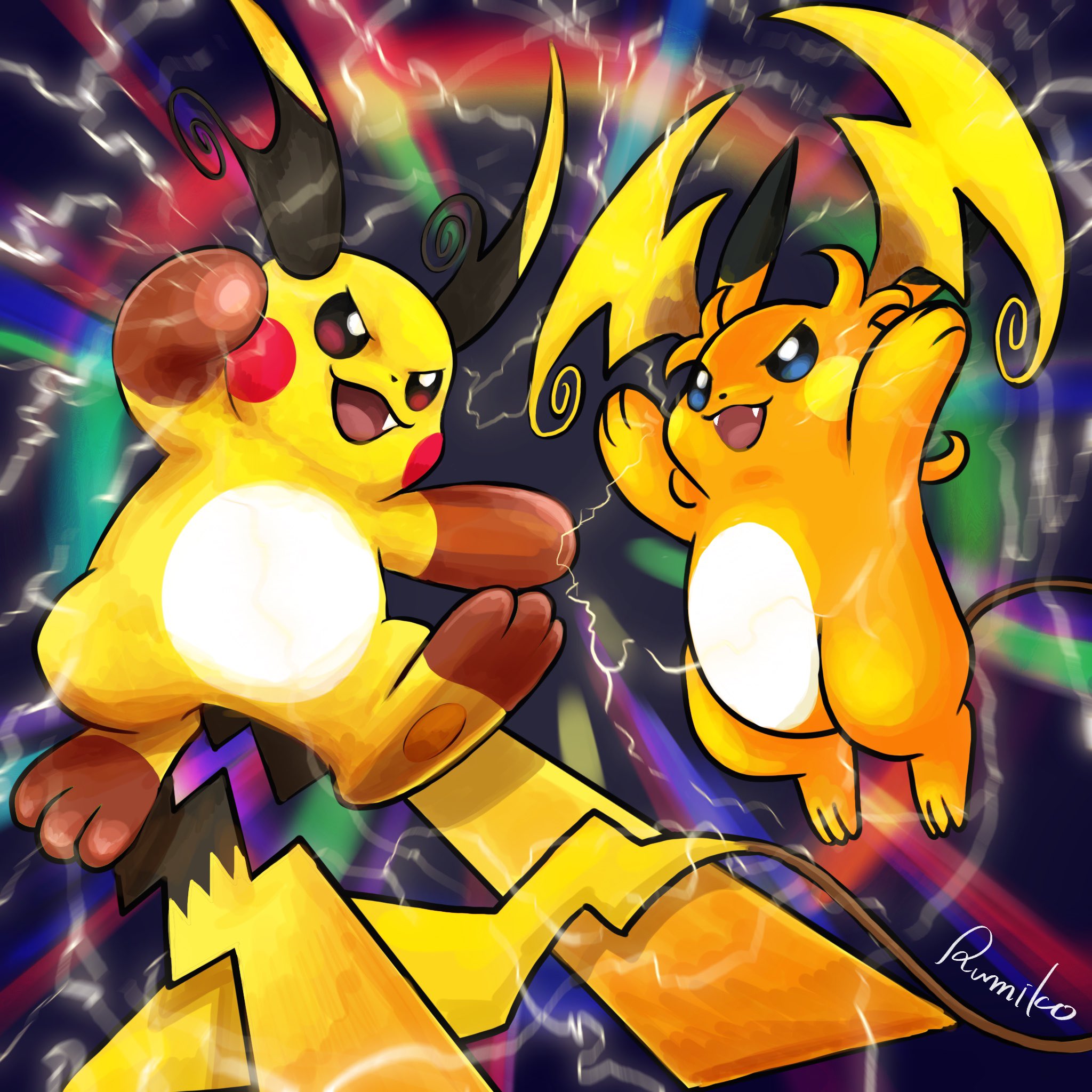 rumiko (vertlapin96), mega raichu x, mega raichu y, raichu, nintendo, pokemon, highres, blue eyes, brown eyes, electricity, fang, fangs, gen 1 pokemon, mega pokemon, multiple tails, no humans, open mouth, orange fur, pokemon (creature), pokemon focus, smile, tail, very long ears, yellow fur